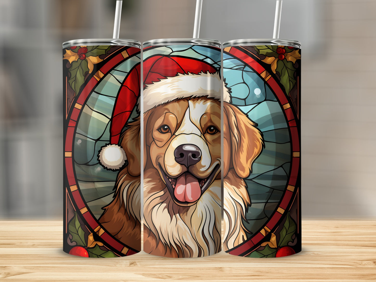 Bernese mountain dog wearing Santa hat in stained glass design.