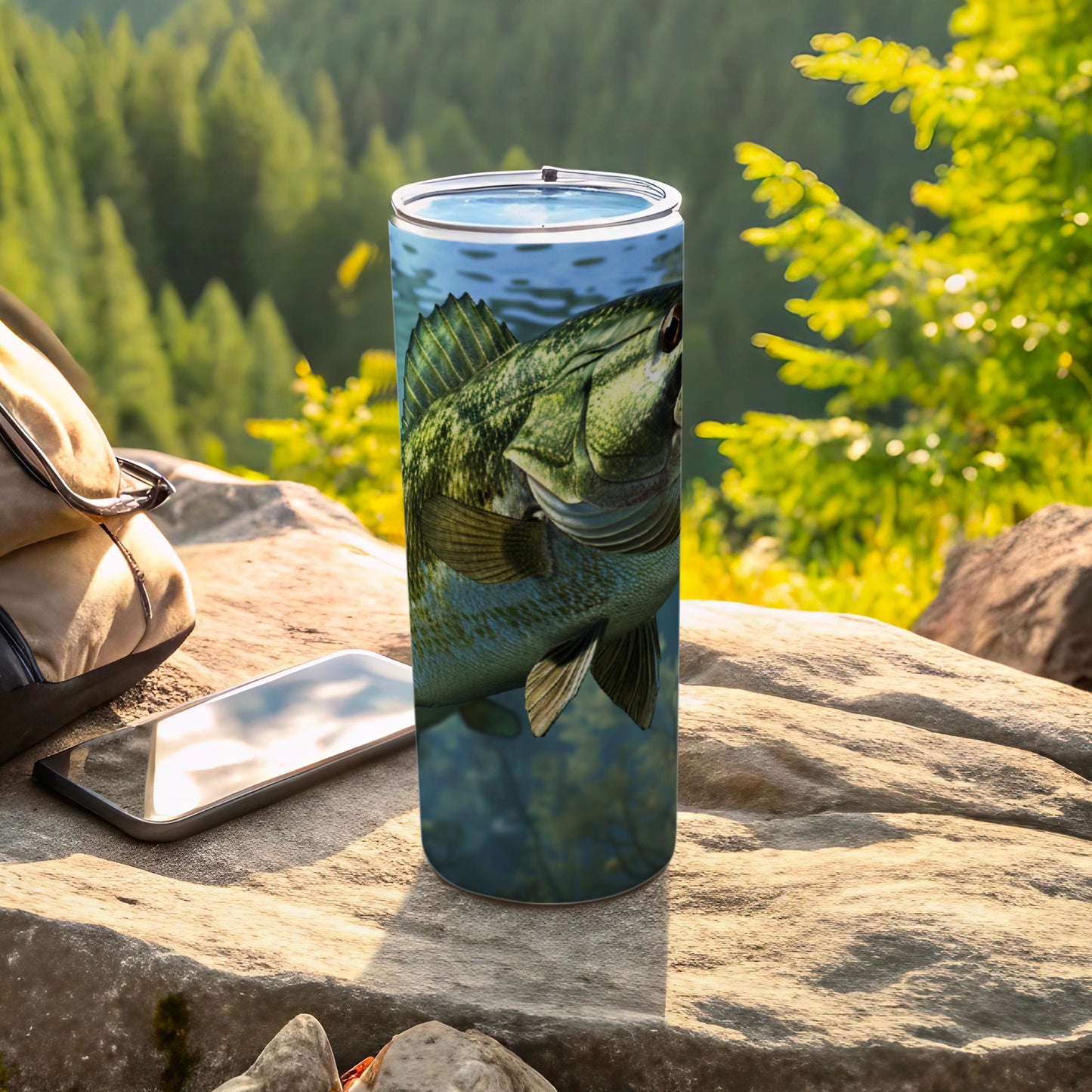 Tervis tumbler featuring a close-up of a largemouth bass underwater.