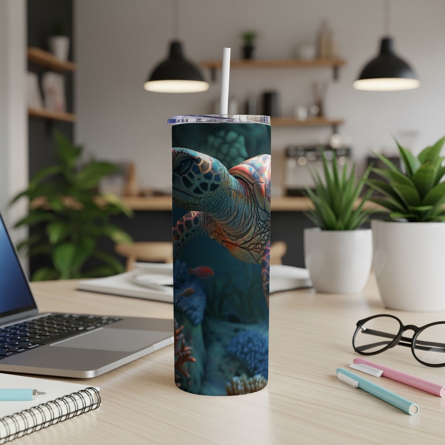 Sea turtle with coral and fish on a white tumbler with a straw.