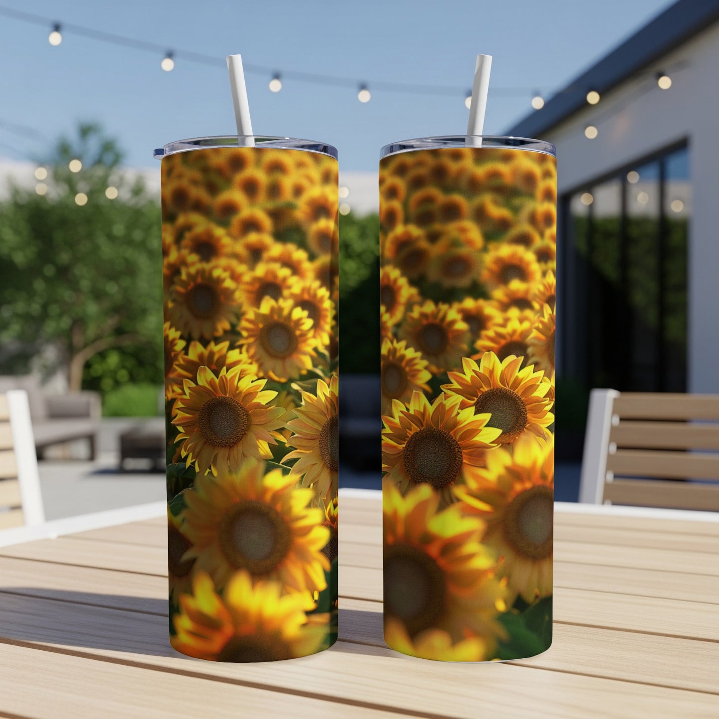 Two tumblers with a close-up sunflower field design on a patio table.