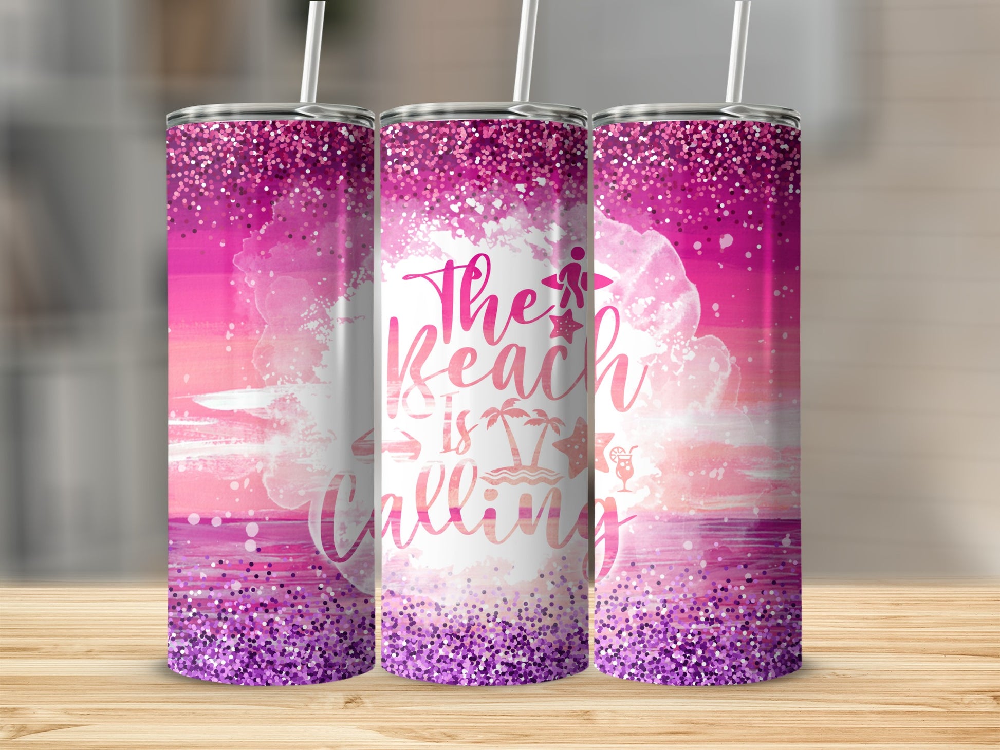 Pink glitter tumbler with "The Beach is Calling" text and ocean sunset design.