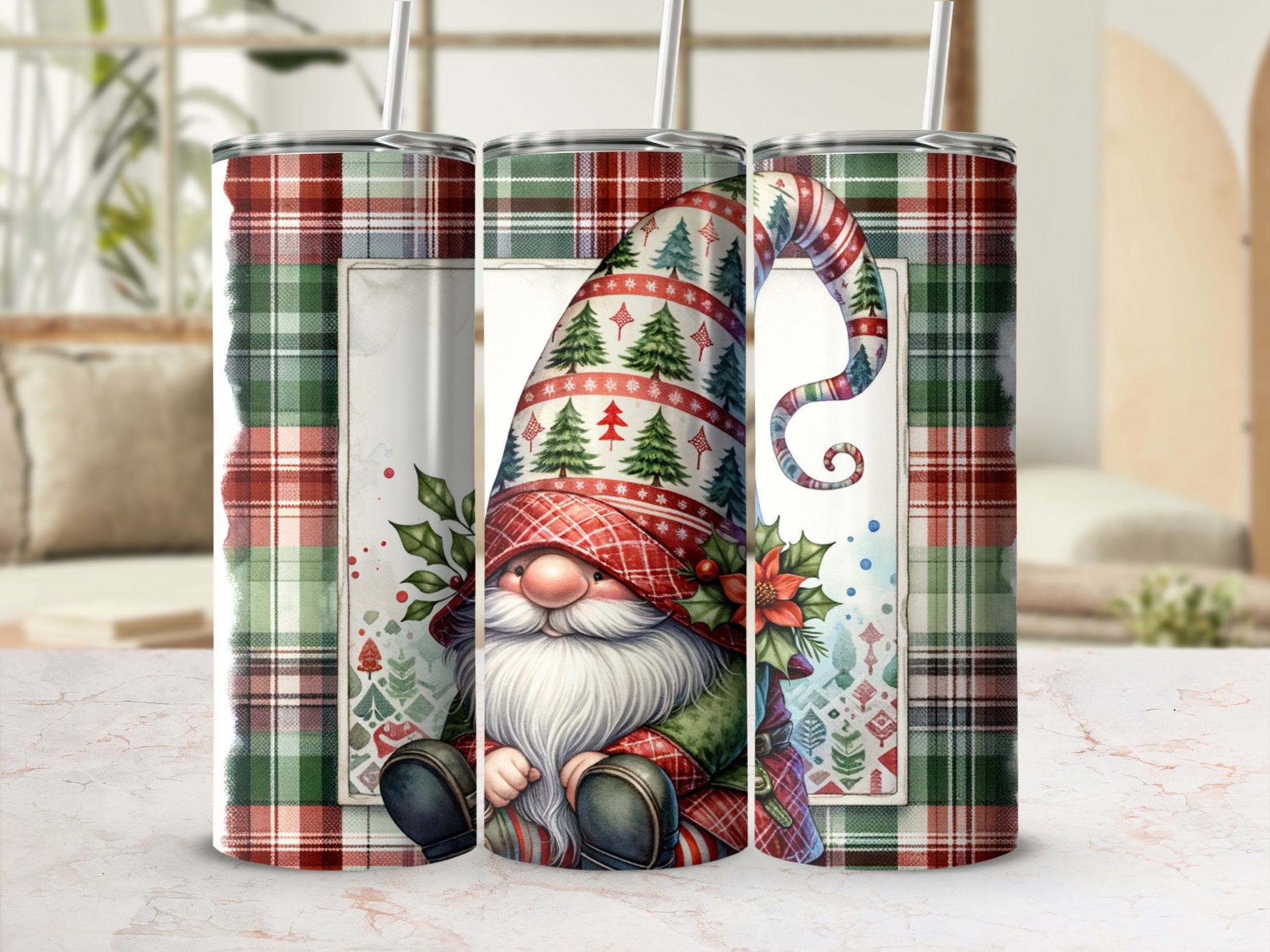 Gnome in plaid hat and green tunic, surrounded by festive foliage.
