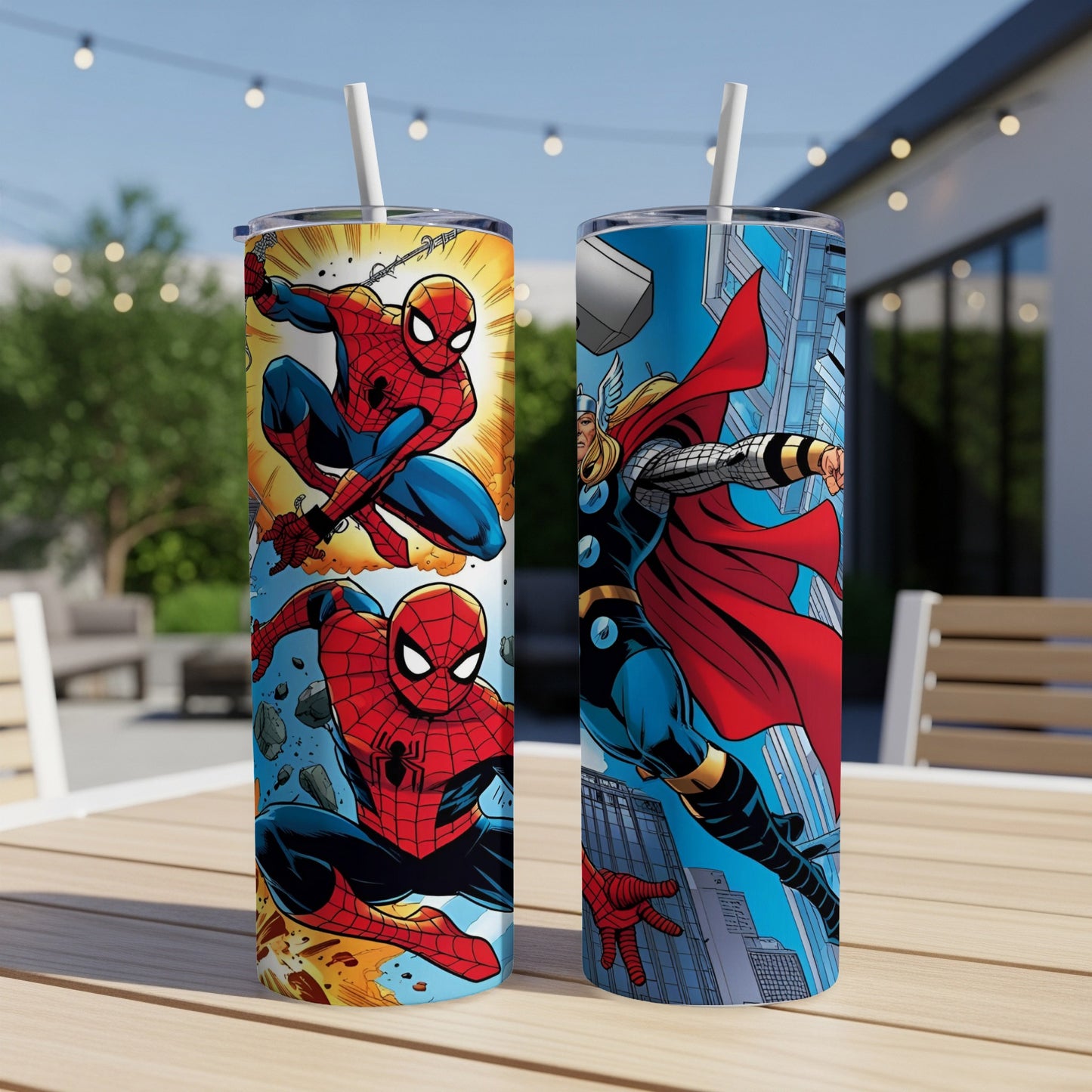 Spider-Man and Thor comic art on two tall blue and white tumblers.