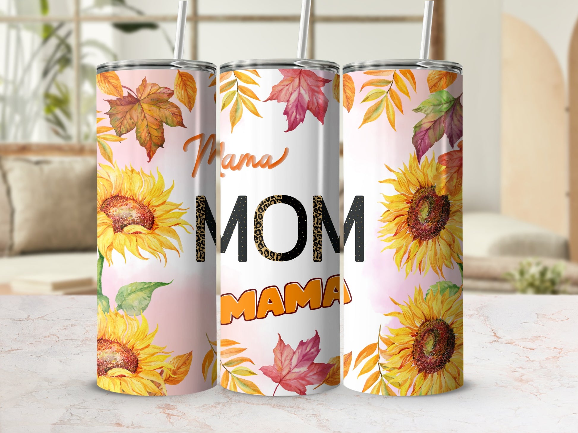 Sunflower and Autumn Leaves Mom Mama Tumbler Cups