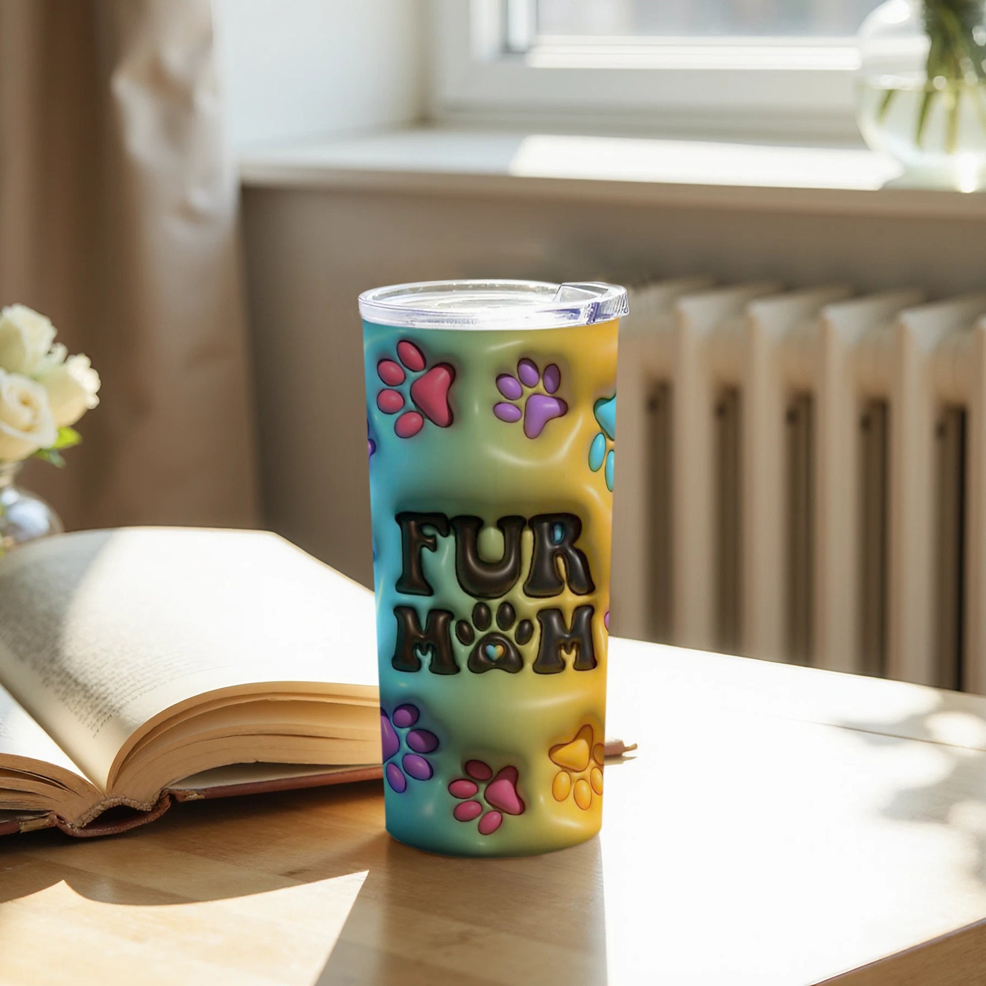 Fur Mom Tumbler with Colorful Paw Prints Design