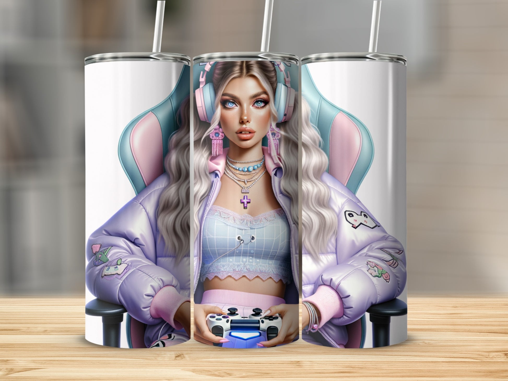 Stylish Gamer Girl with Headset Tumbler Cup Design