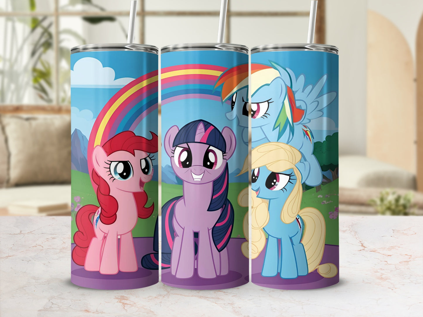 My Little Pony characters Pinkie Pie, Twilight Sparkle, and Rainbow Dash on a colorful tumbler.