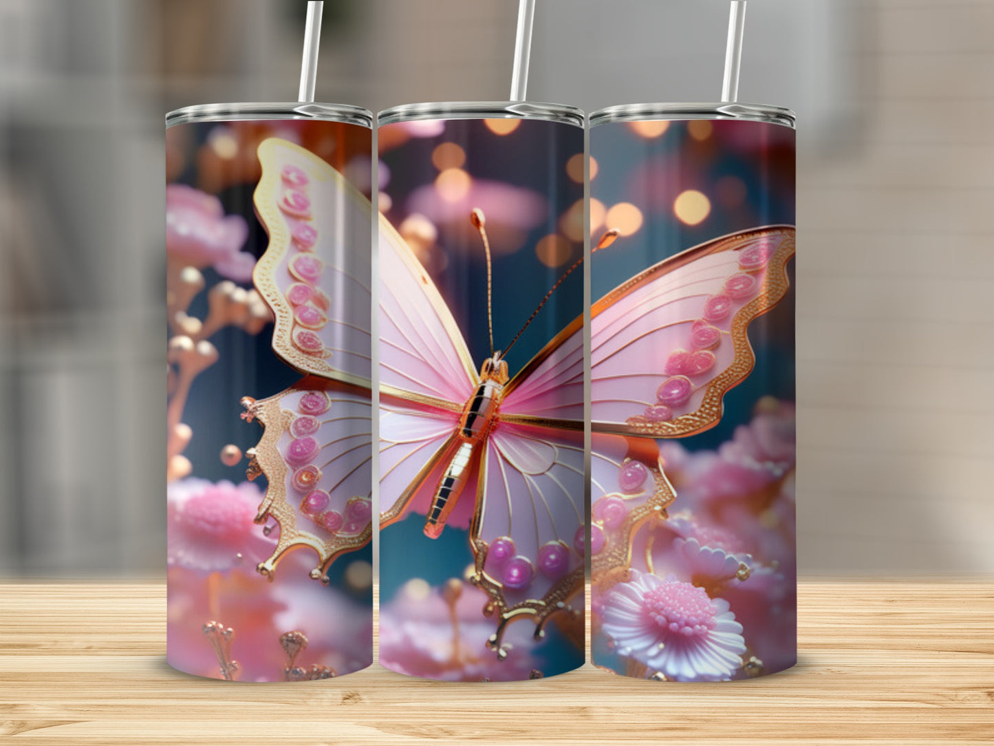 Three tumblers featuring a pink butterfly on a floral background.