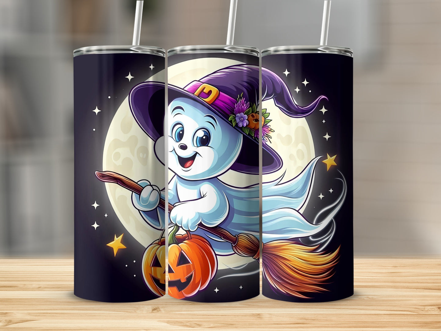 A ghost in a witch hat rides a broom with a pumpkin, against a moonlit sky.