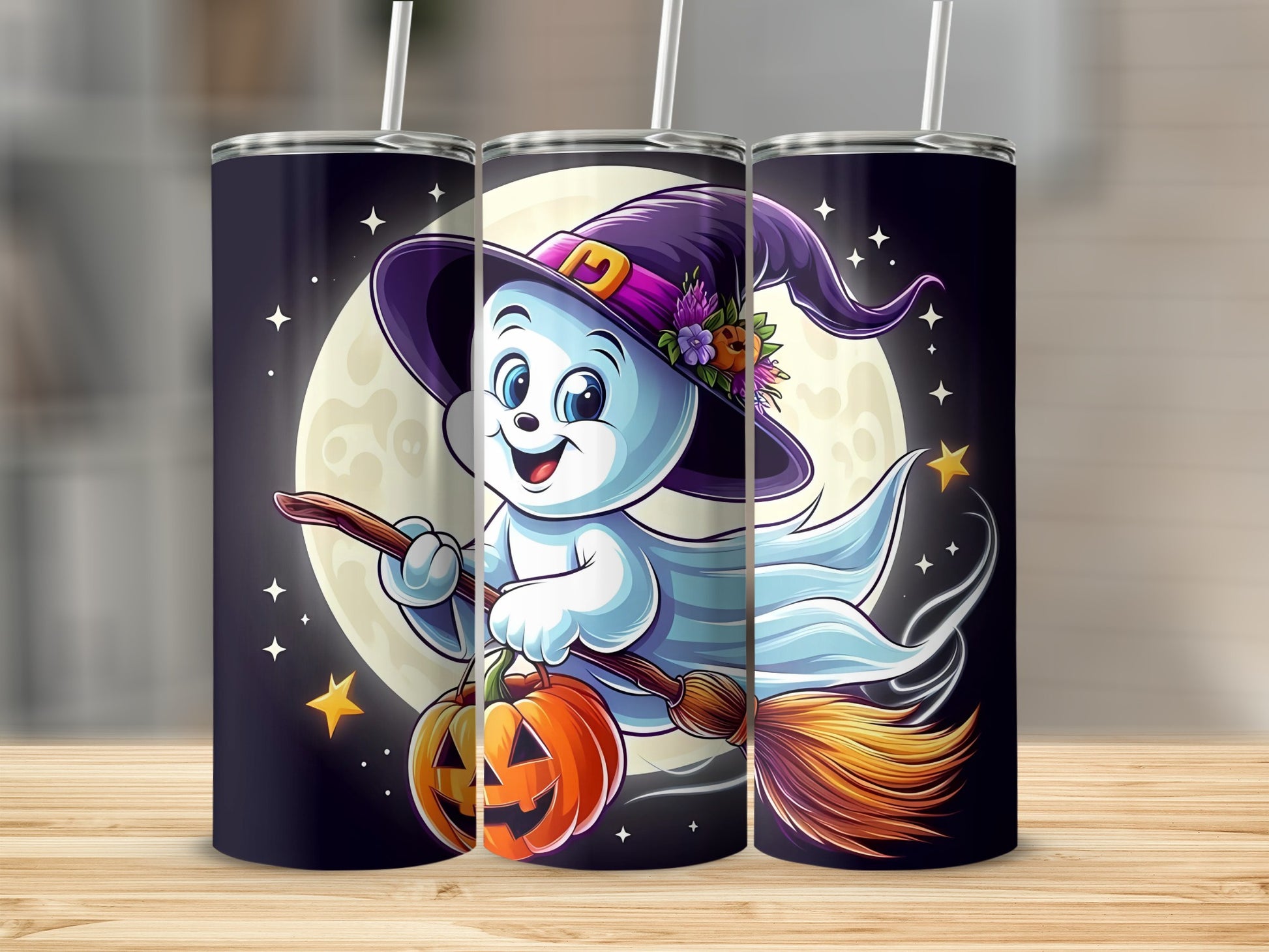 A ghost in a witch hat rides a broom with a pumpkin, against a moonlit sky.