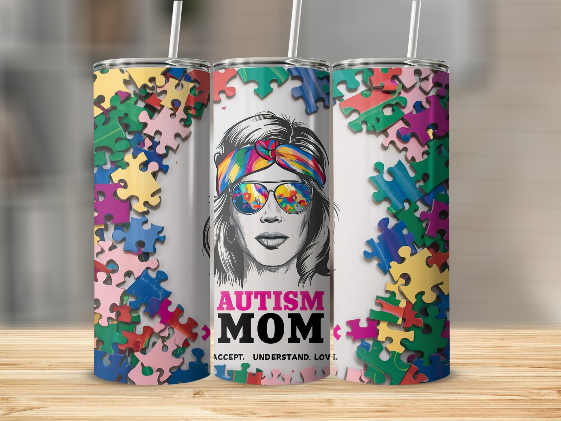 Woman with sunglasses and puzzle pieces design, text "Autism Mom Accept. Understand. Love."