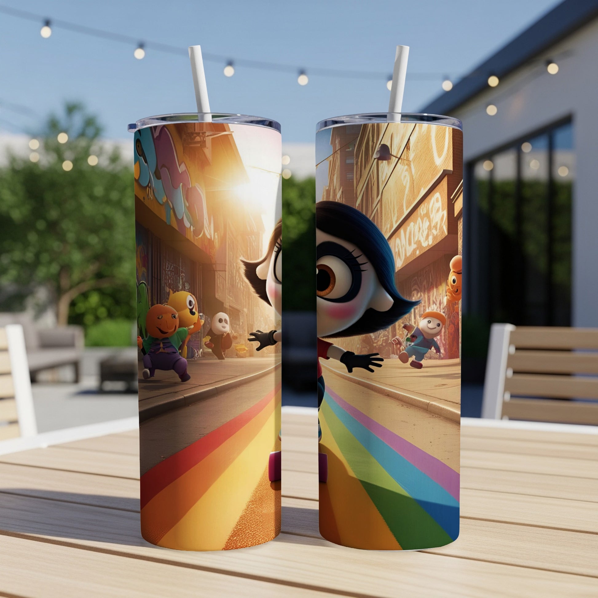 Cartoon characters with rainbow stripes on tumblers in outdoor setting.