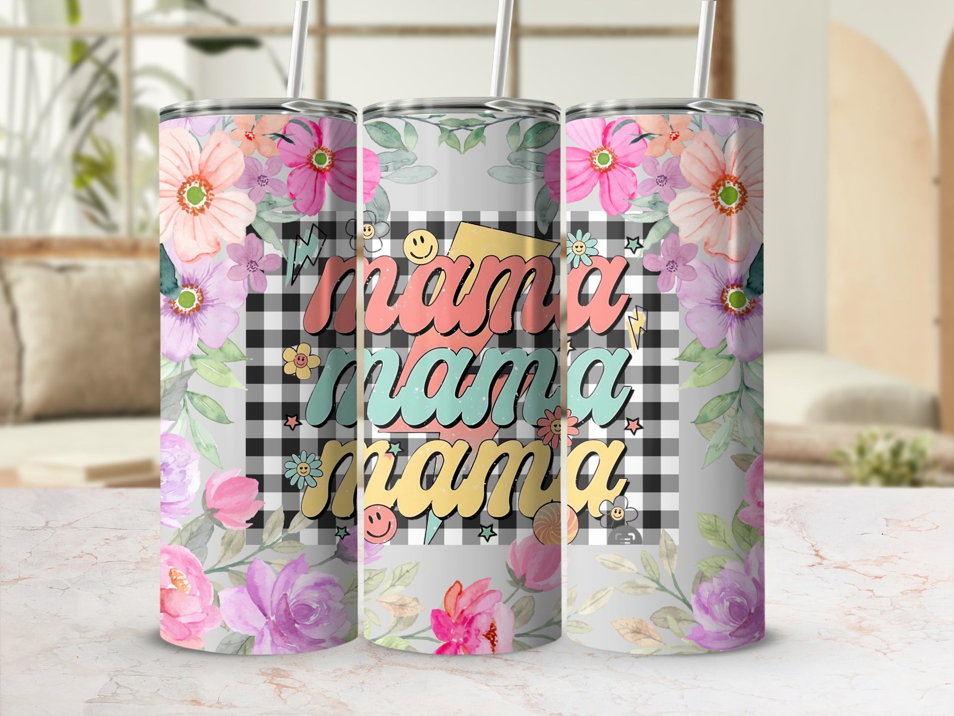 Floral Mama Checkered Pattern Tumbler Cup