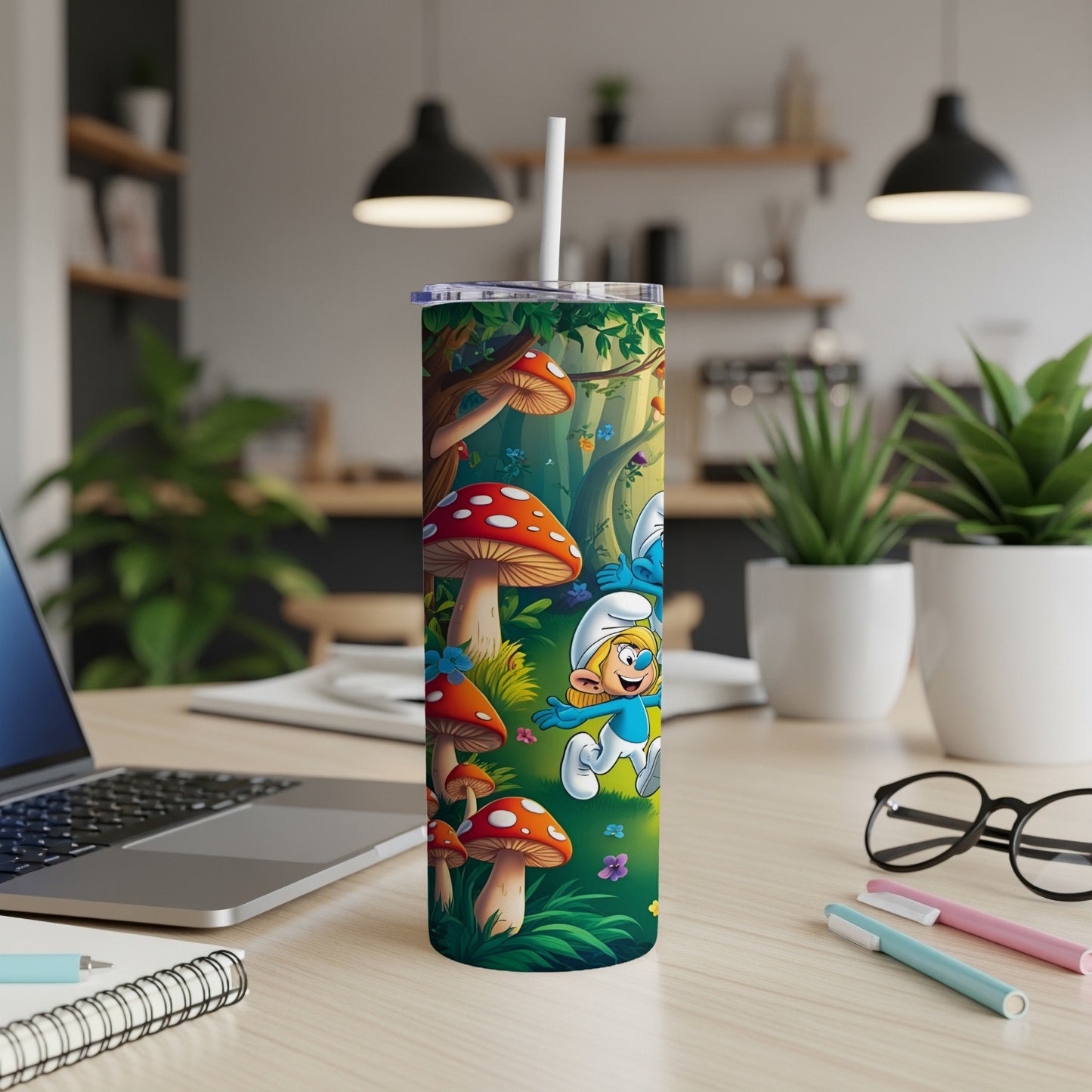 Smurf character running through a mushroom forest with a straw in a tumbler.