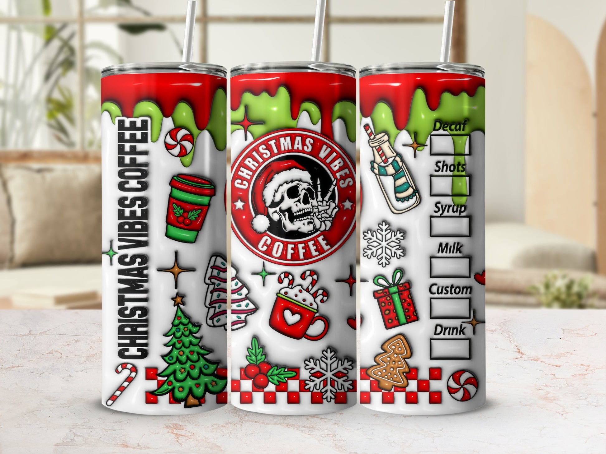 Christmas Vibes Coffee Themed Skinny Tumbler Cups