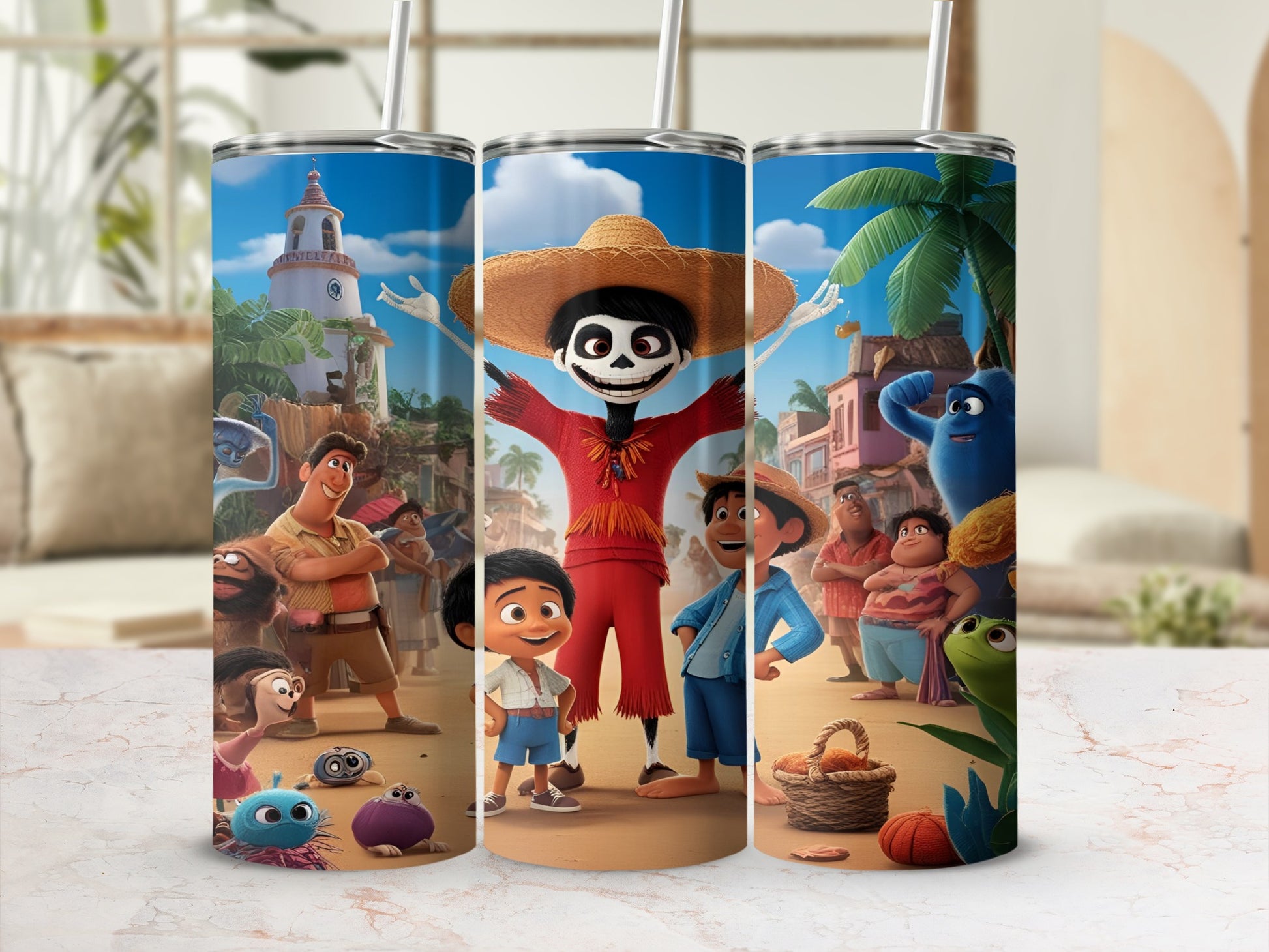 Three tumblers featuring characters from Disney's Coco movie with a tropical background.