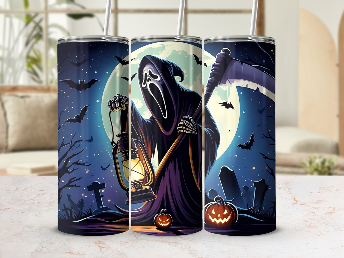 Halloween tumbler with Grim Reaper, jack-o'-lanterns, bats, and tombstones under a full moon.