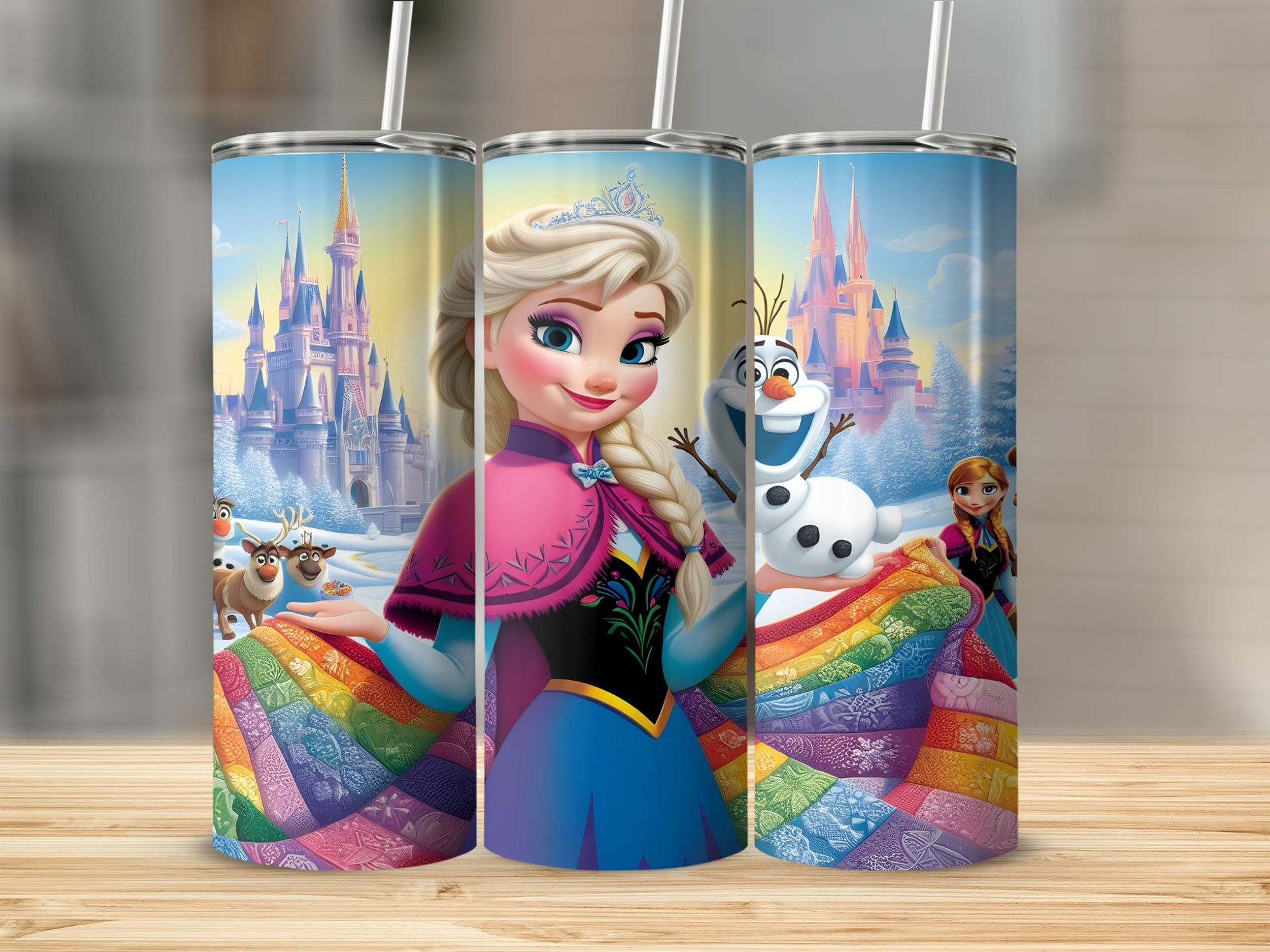 Elsa and Olaf from Frozen on a tumbler with a rainbow and castle background.