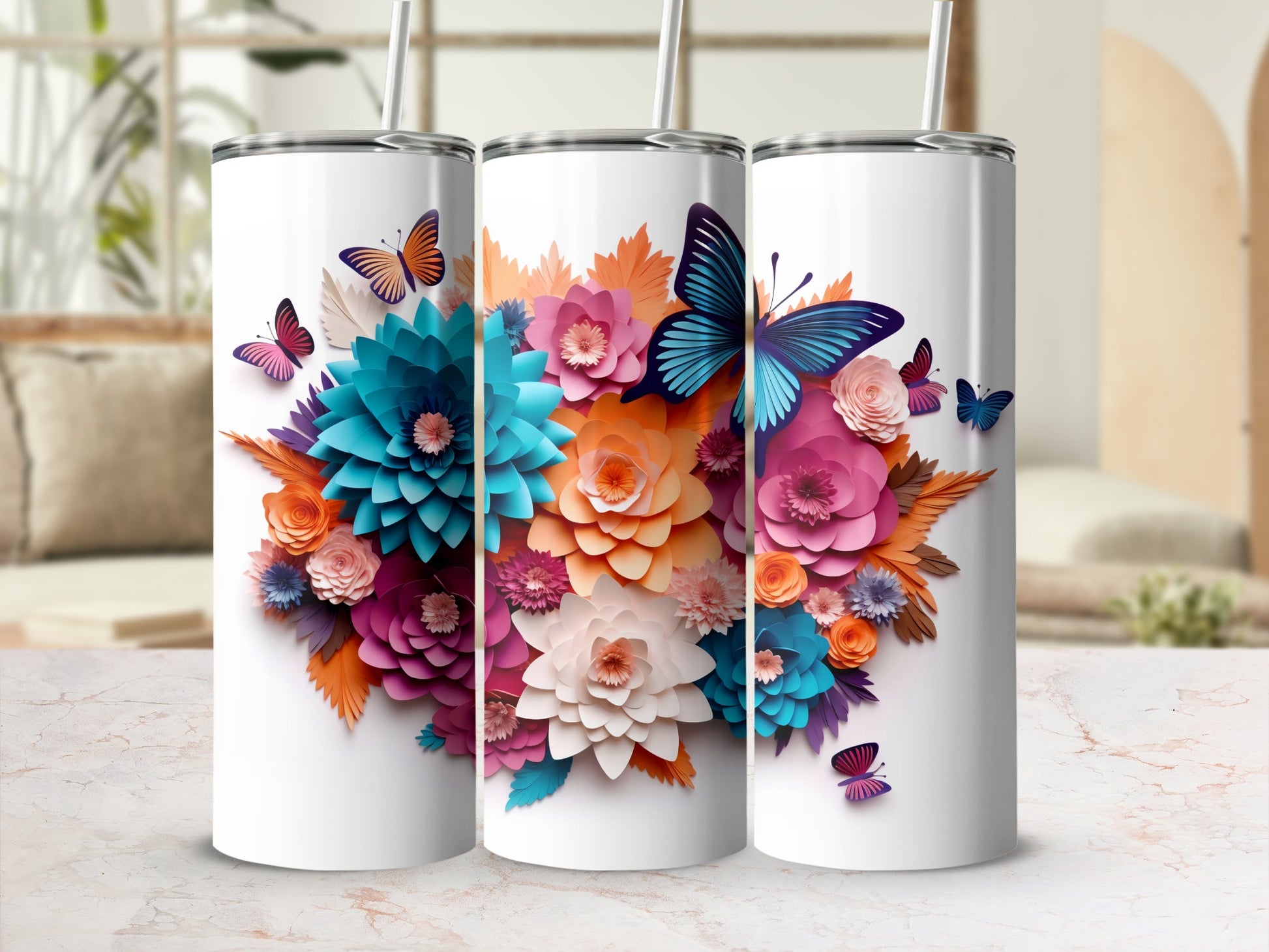 Colorful Floral and Butterfly Design Tumbler Product