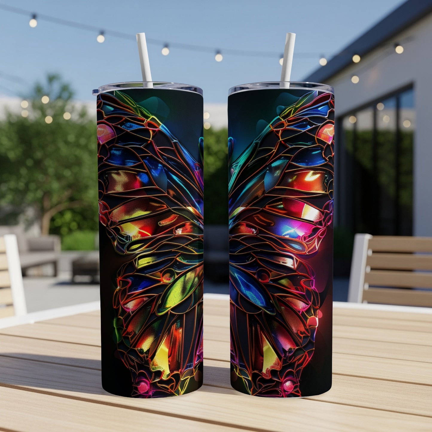 Two tall tumblers with colorful stained-glass butterfly wing designs.