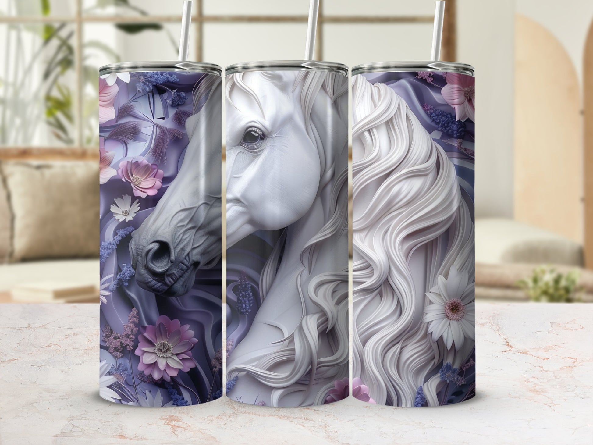 Triptych of a horse's head with floral accents and swirling mane.