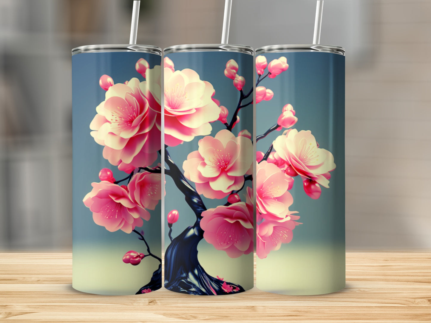 Three tumblers featuring pink cherry blossoms on a blue gradient background.