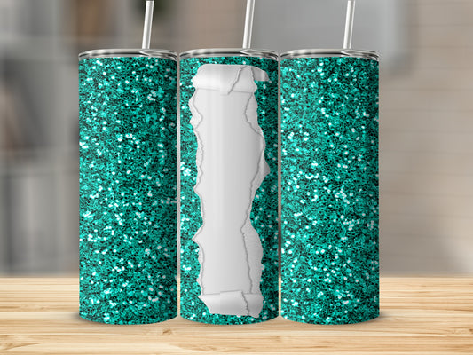 Teal glitter tumbler with torn paper effect revealing white background.