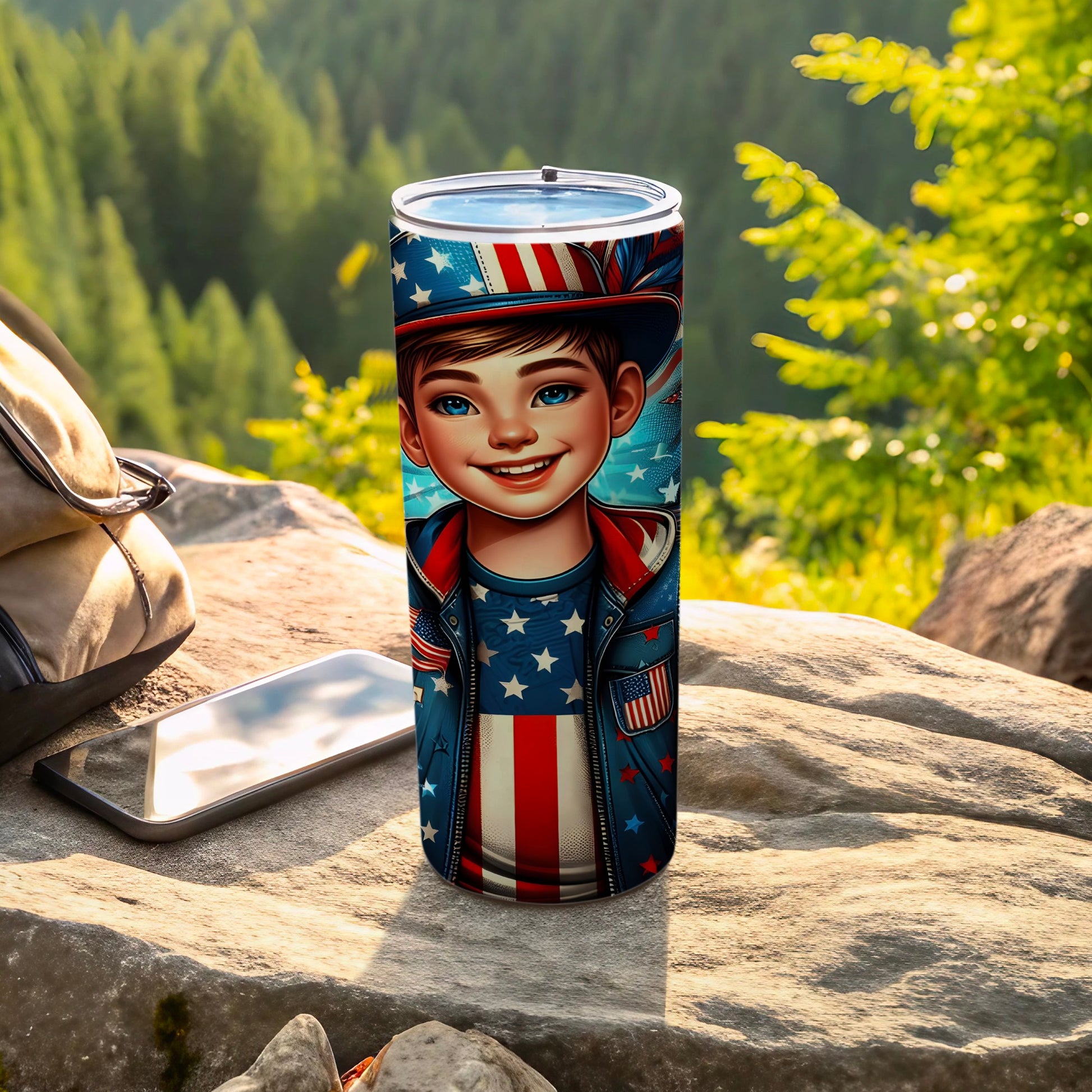 Boy wearing patriotic outfit on a tumbler with a scenic background.