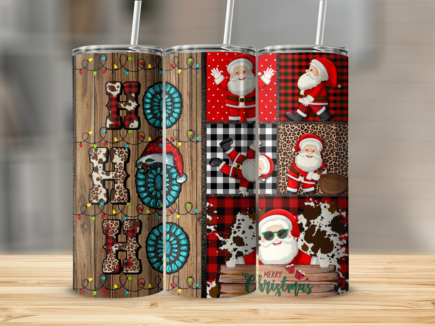 Santa Claus and "Ho Ho Ho" text on a wood grain tumbler with Christmas patterns.