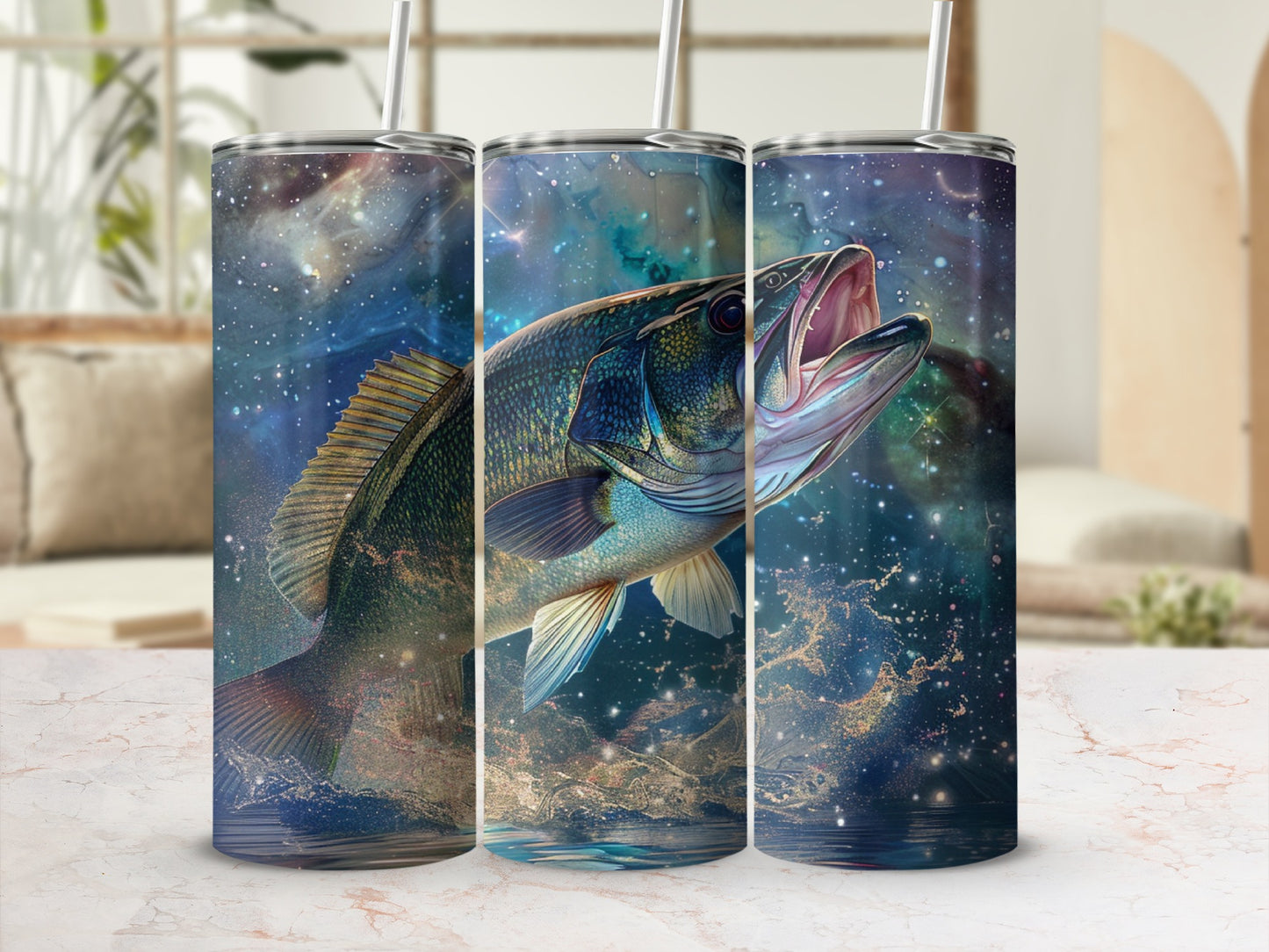 Large bass fish leaping from water against a starry galaxy background.