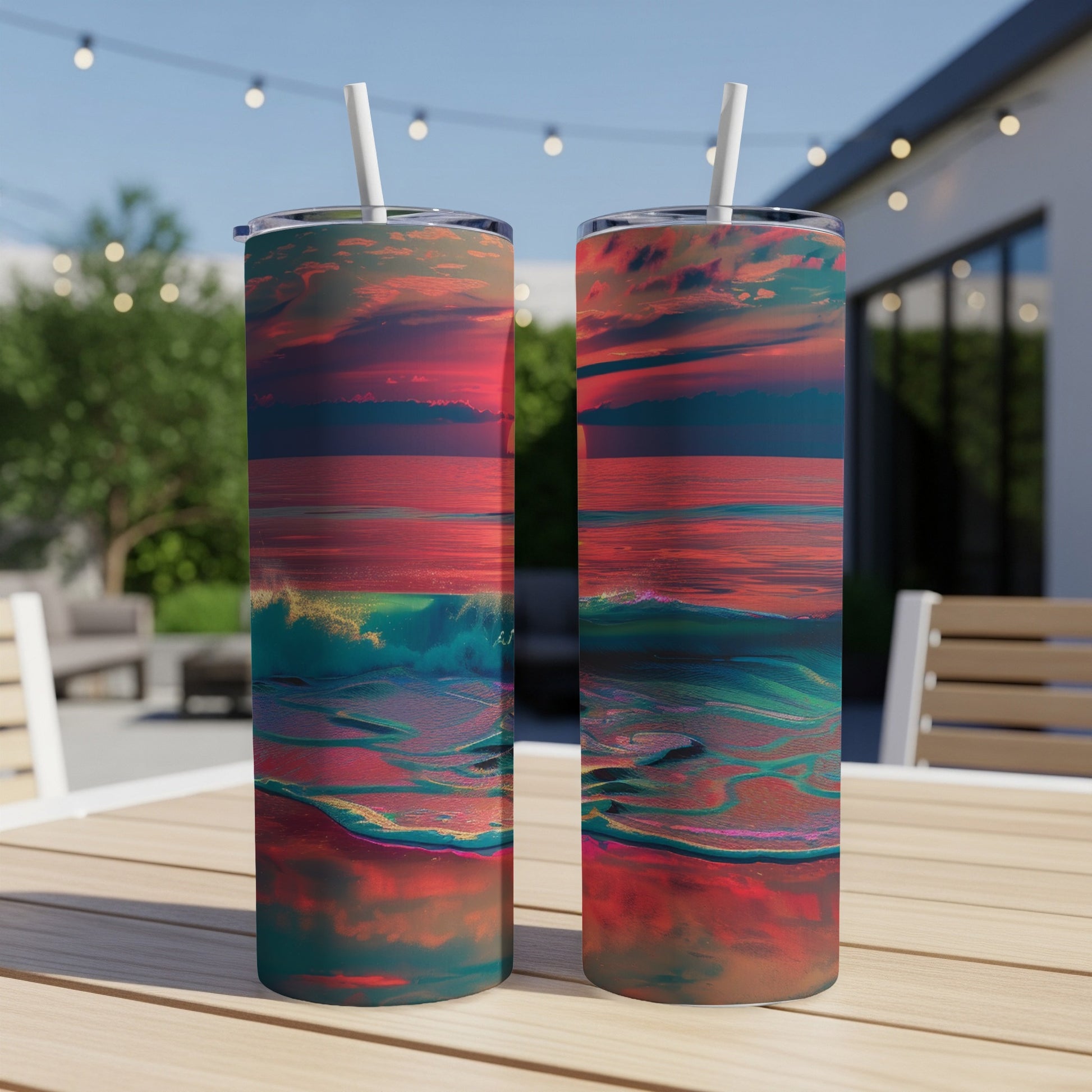 Two tumblers with a vibrant sunset ocean wave design, on a wooden table outdoors.