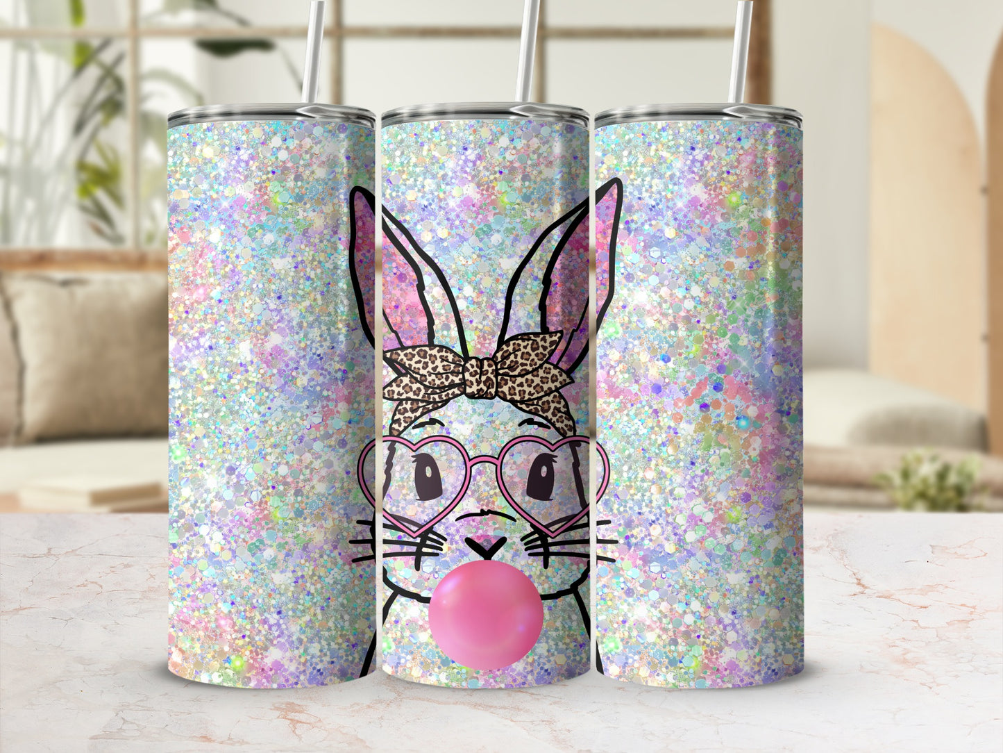 Glittering Easter bunny tumbler with pink heart glasses and bubblegum.