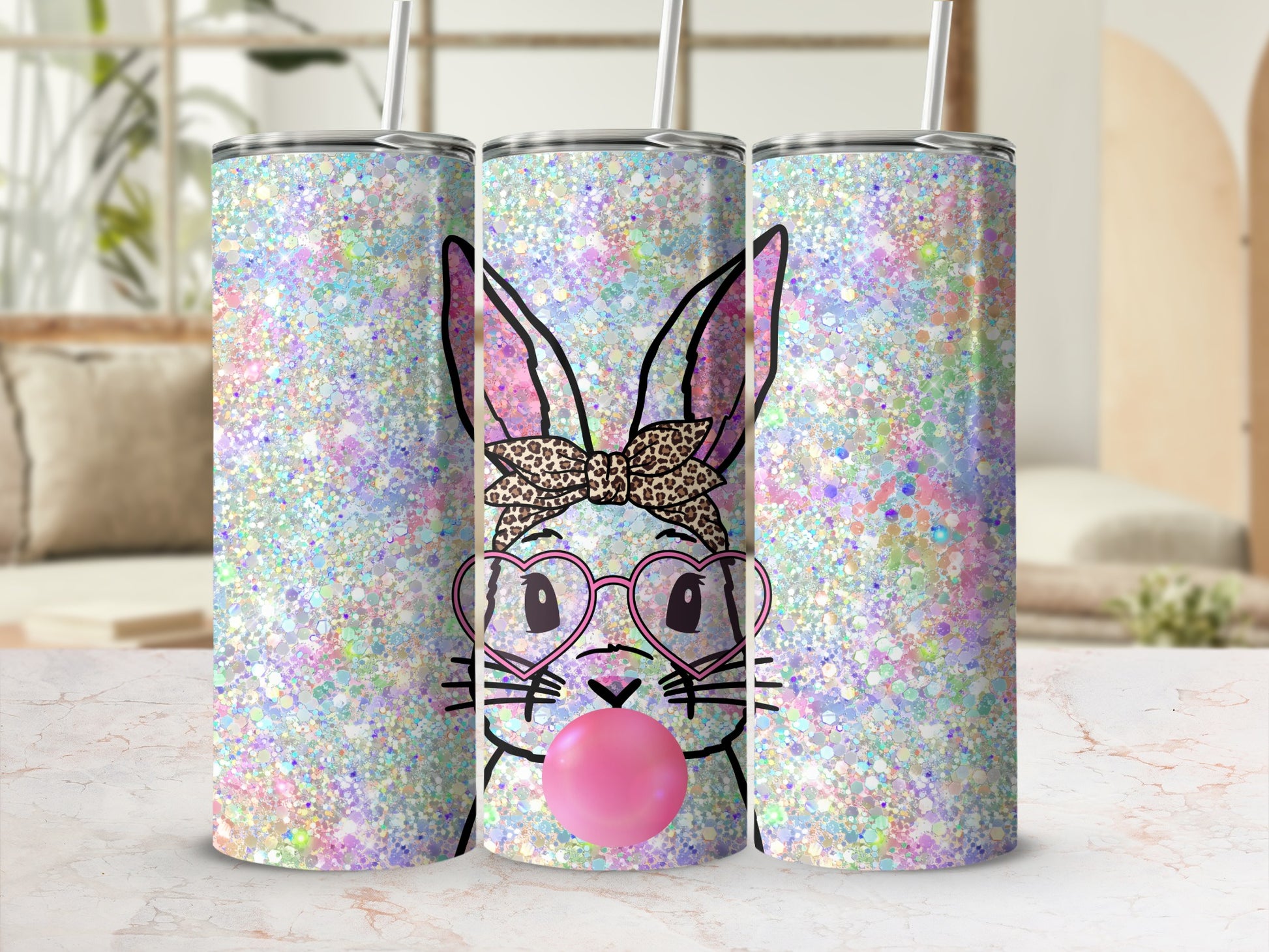Glittering Easter bunny tumbler with pink heart glasses and bubblegum.