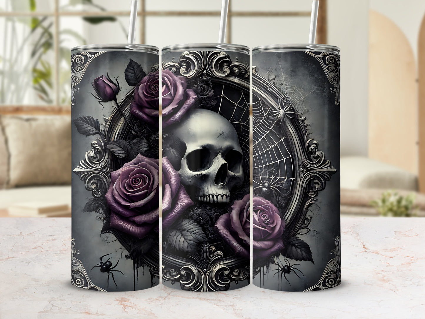 Gothic skull and purple roses framed by ornate scrollwork and spiderwebs.