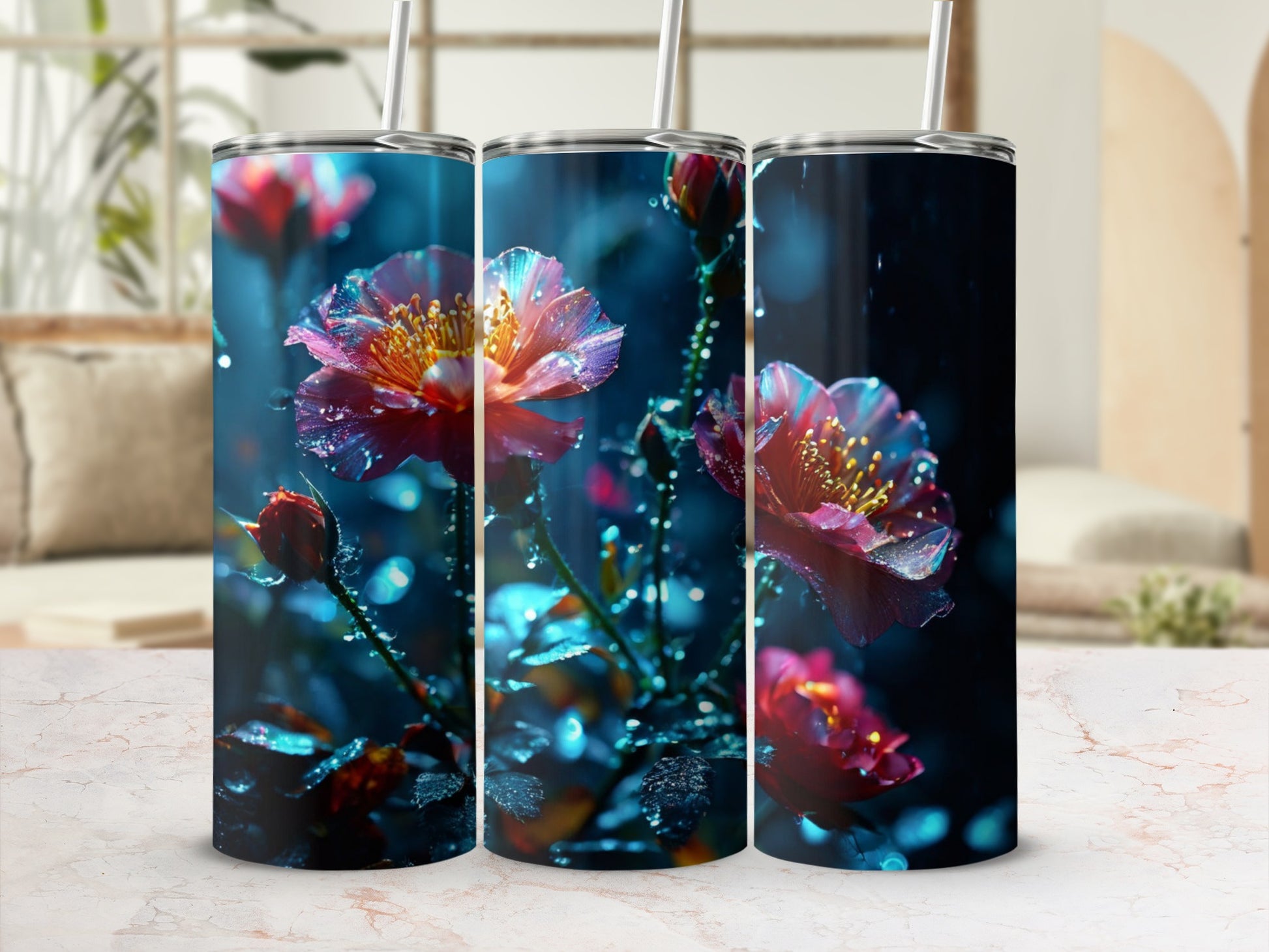 Pink and blue flowers with water droplets on a tumbler, with a soft background.