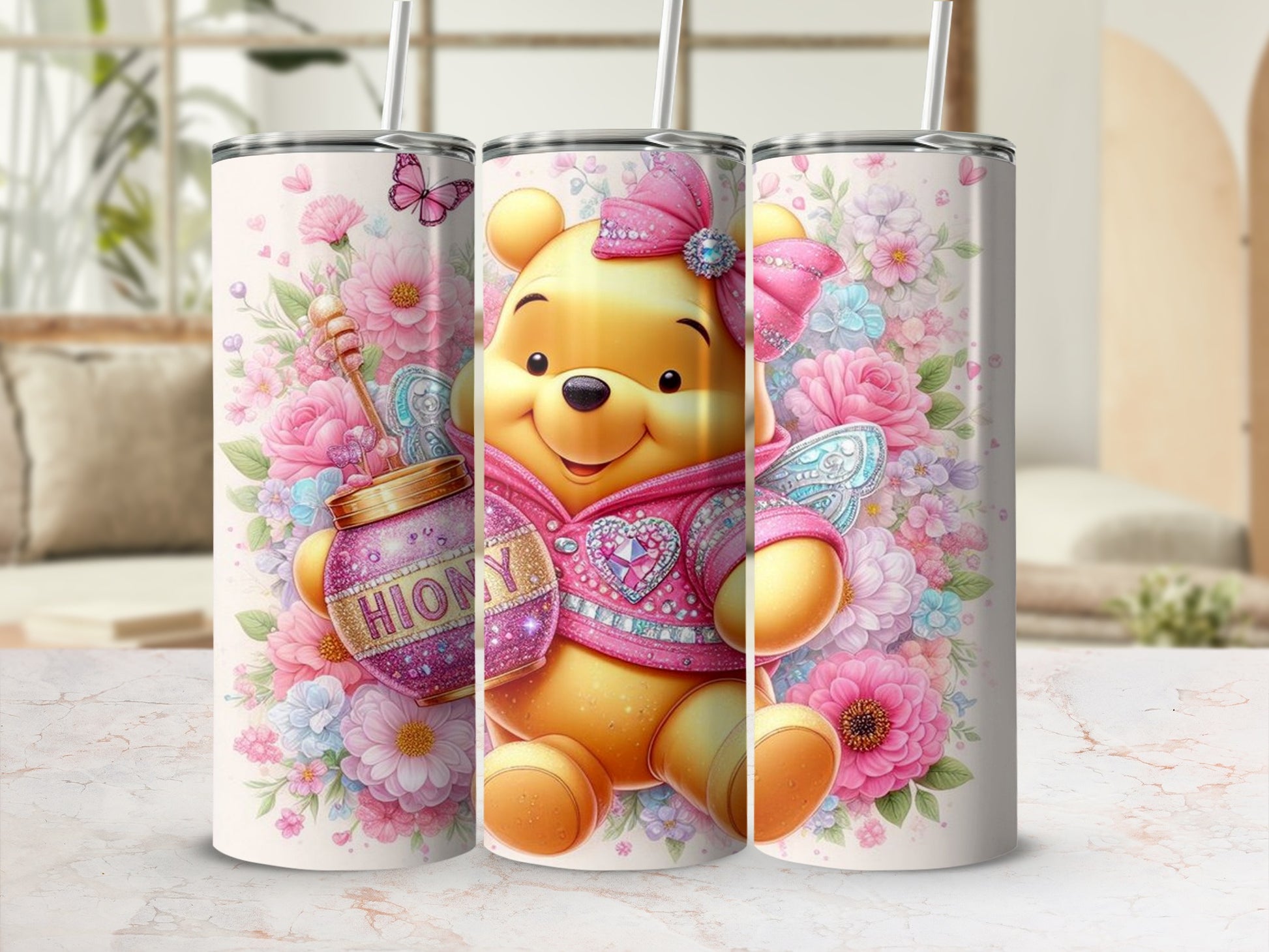 Cute Pink Themed Winnie the Pooh Floral Tumbler