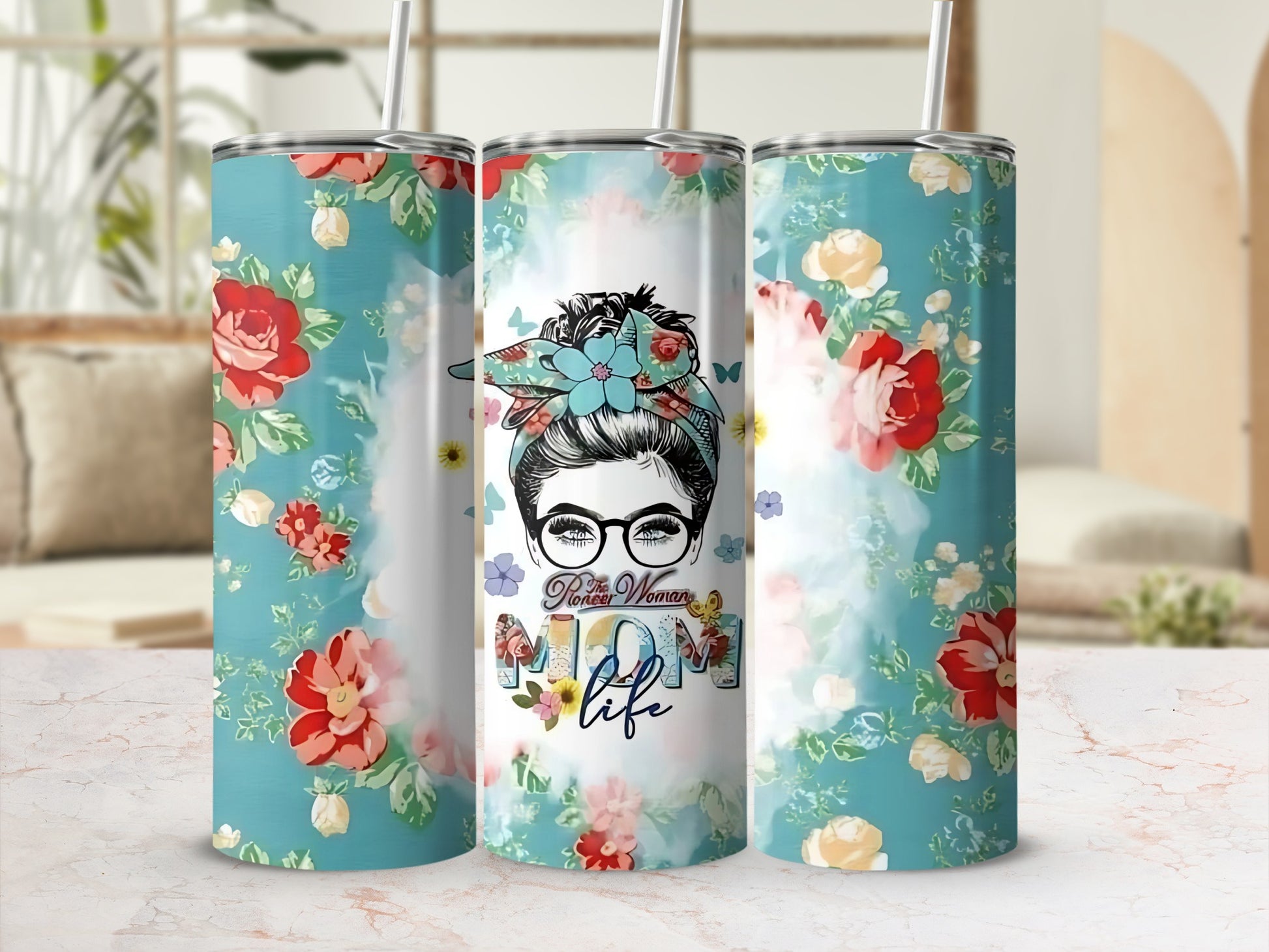 Floral Blue Tumbler With Retro Woman Design