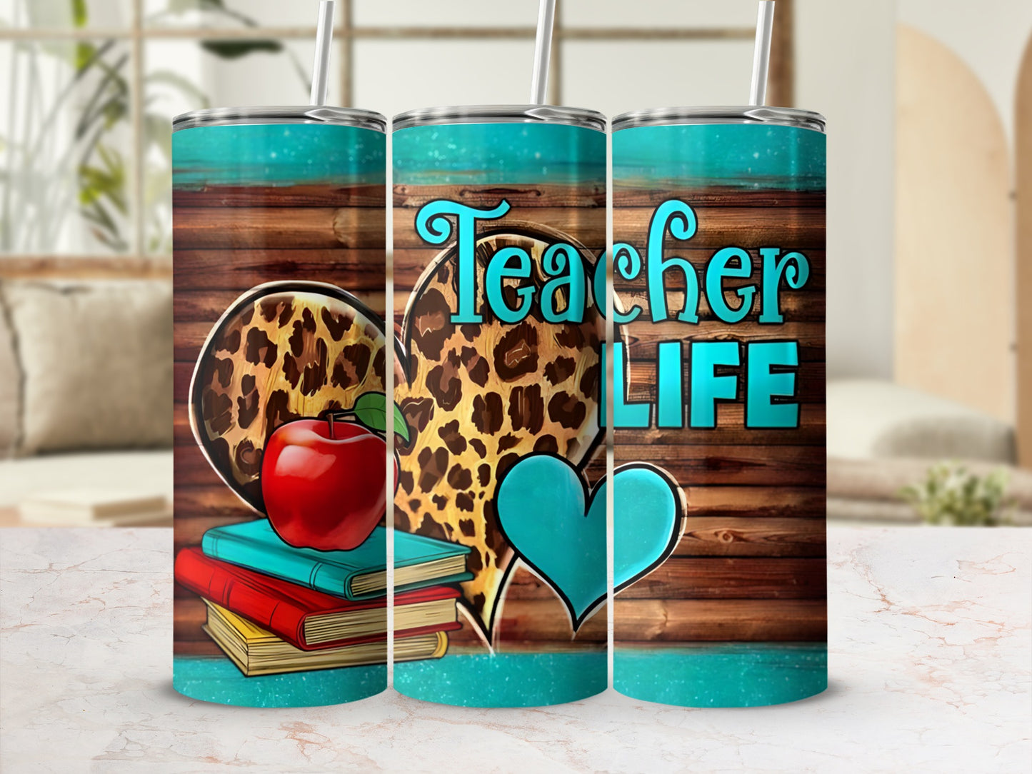 Teacher Life tumbler with apple, books, hearts, and leopard print.