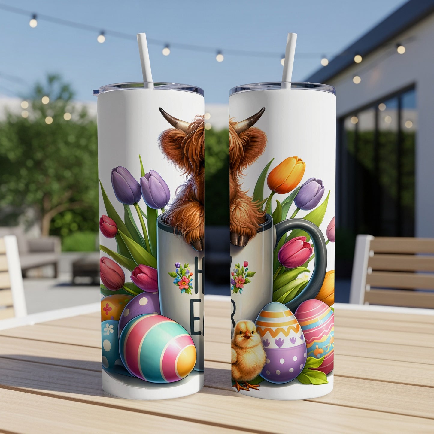 Highland cow in mug with Easter eggs and tulips.