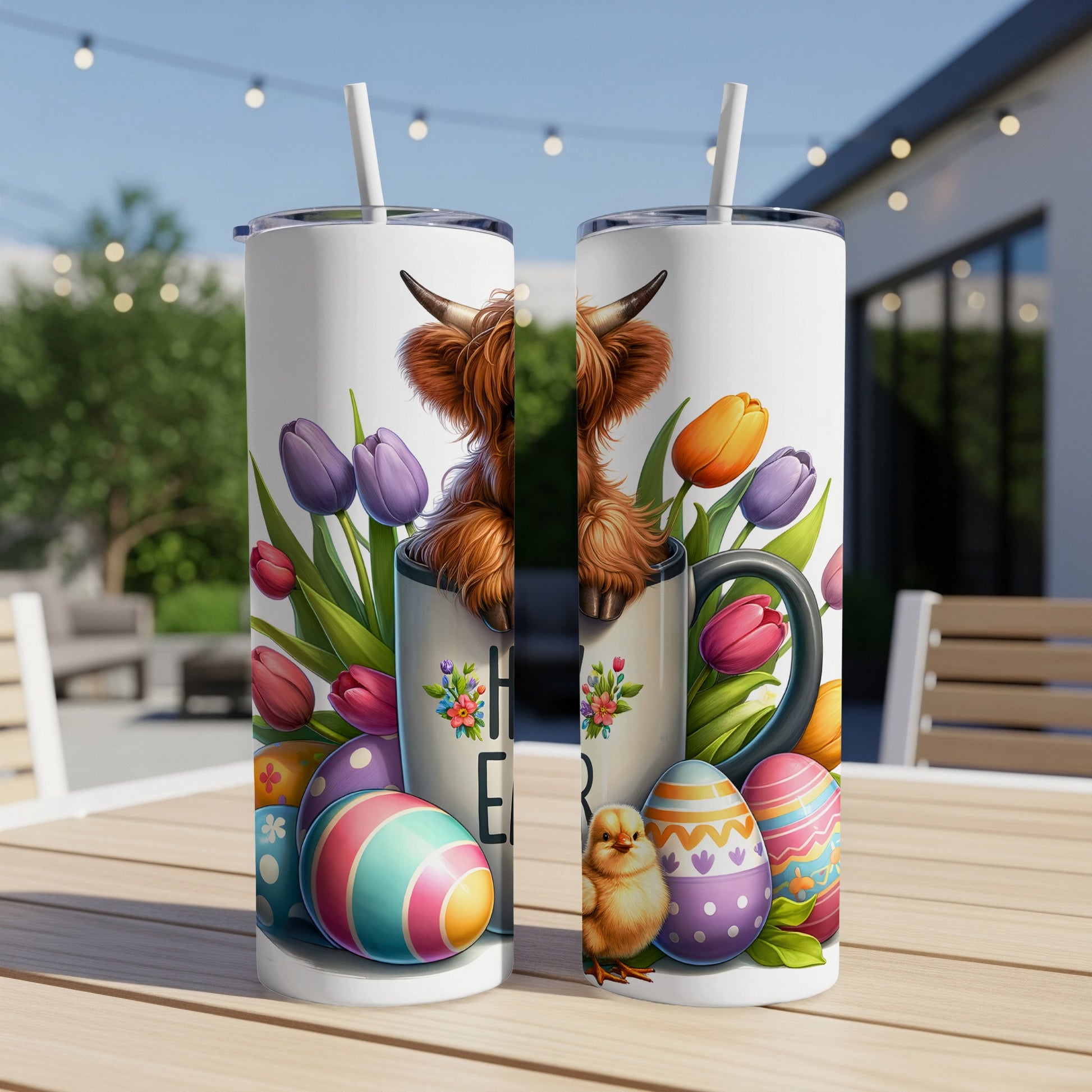 Highland cow in mug with Easter eggs and tulips.