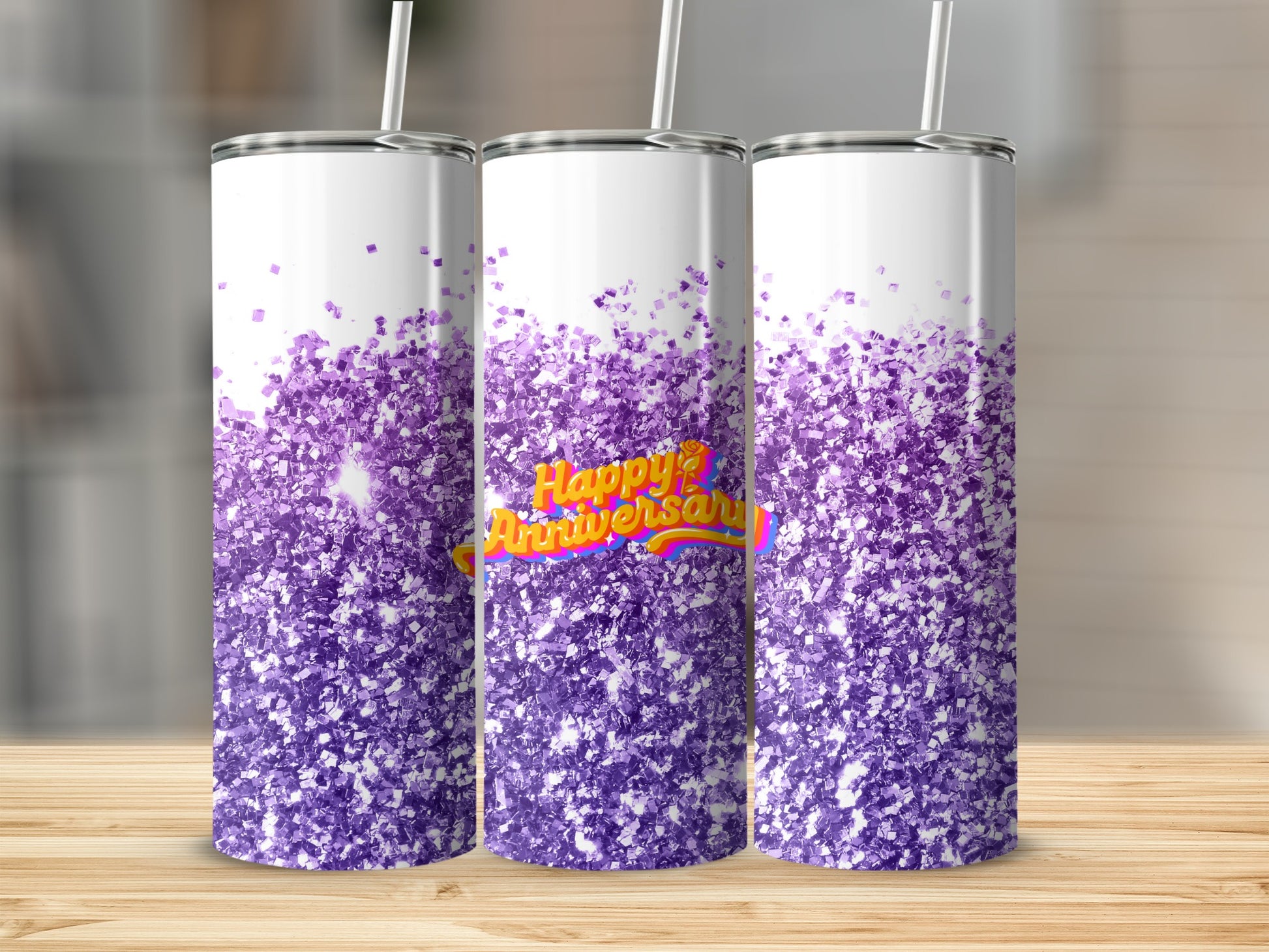 Three white tumblers with purple glitter and "Happy Anniversary" text.