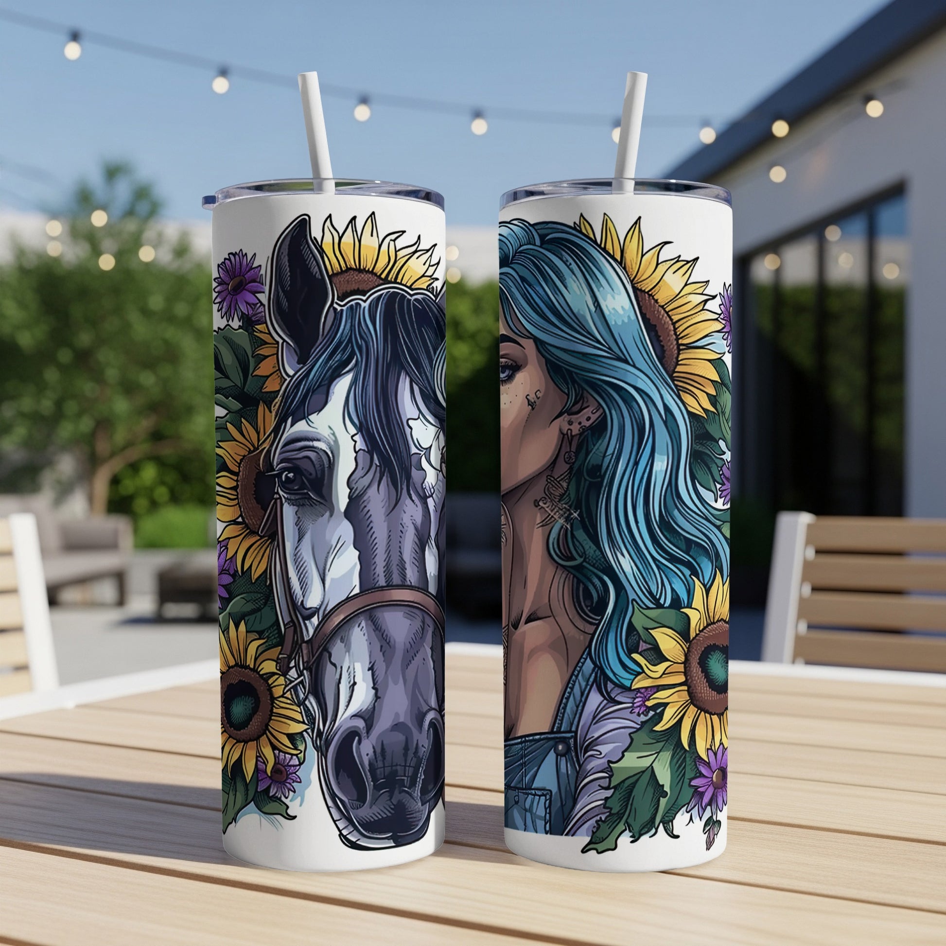 Horse and woman with sunflowers on a white skinny tumbler.