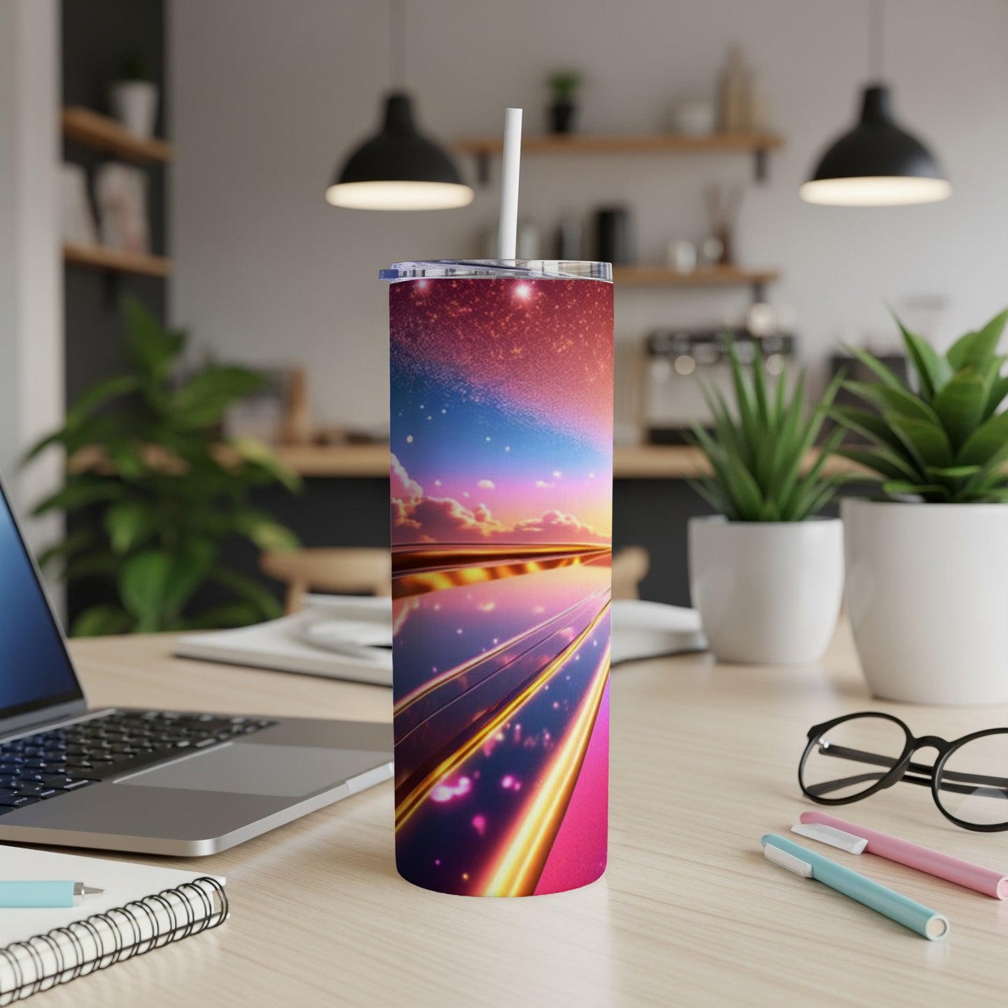 Tall, slender tumbler with a starry galaxy and pink sunset design on a desk.