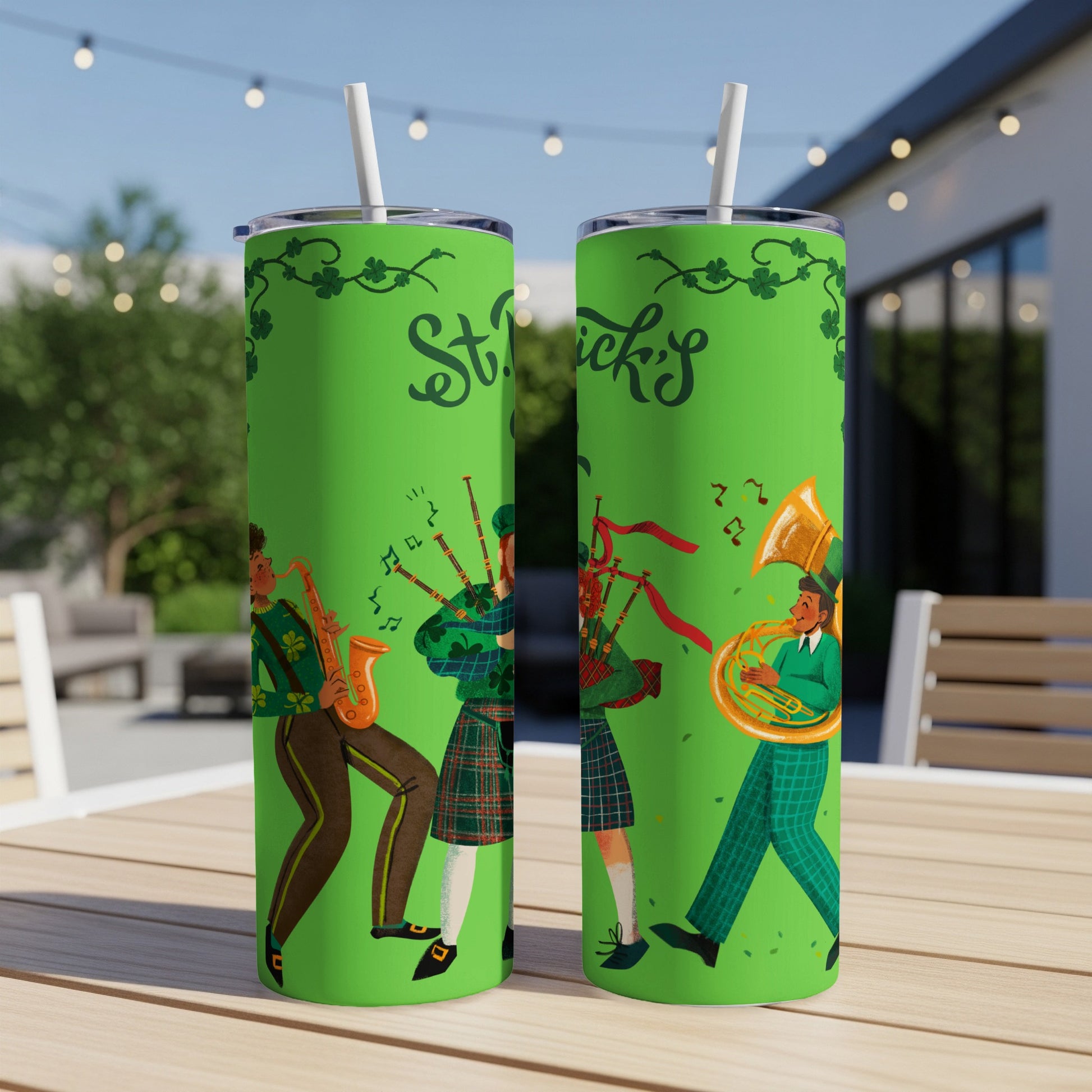 Green tumbler with St. Patrick's Day themed musical band illustration.