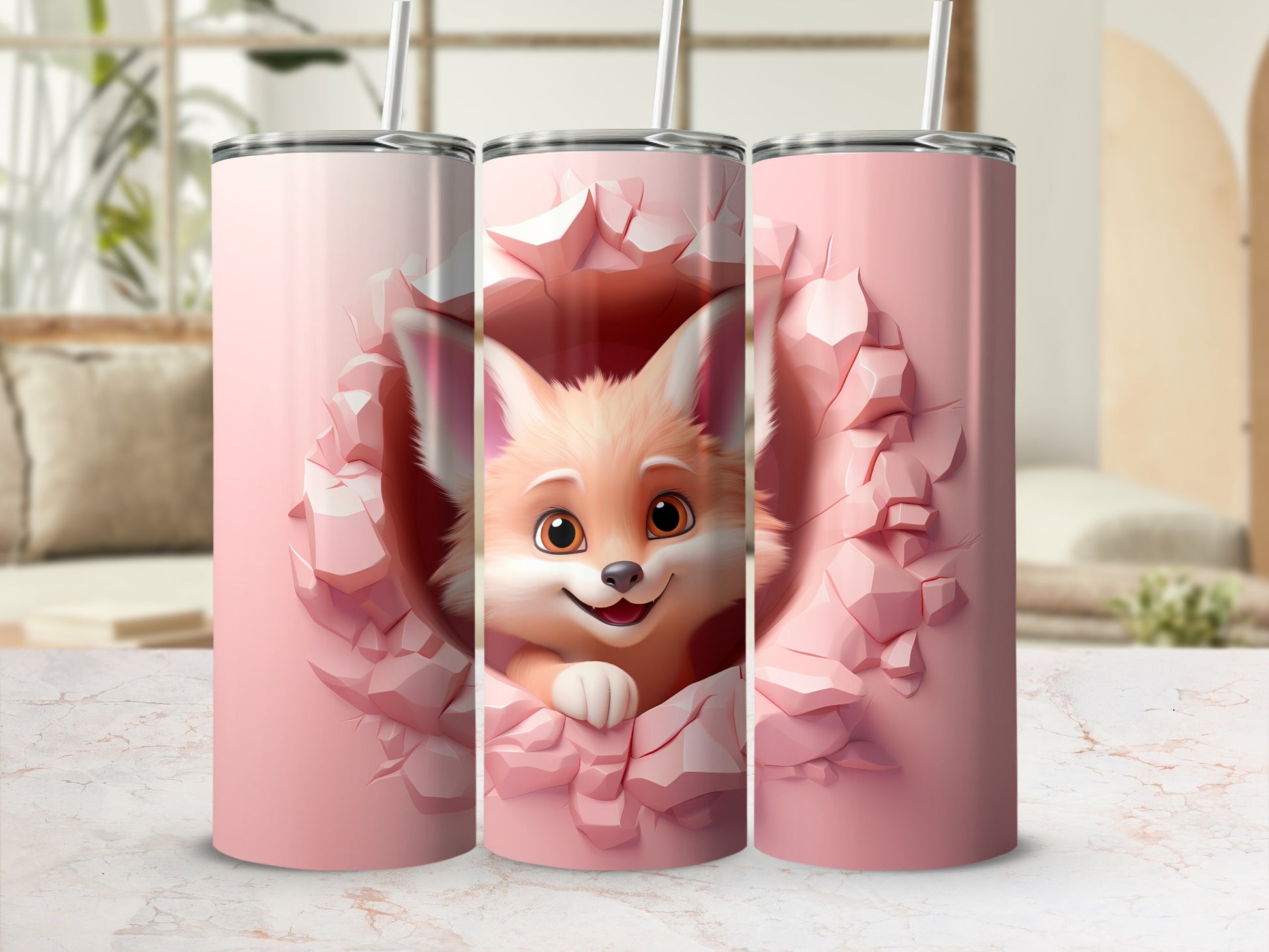 Cute Fox Design Pink Background Tumbler Cup
