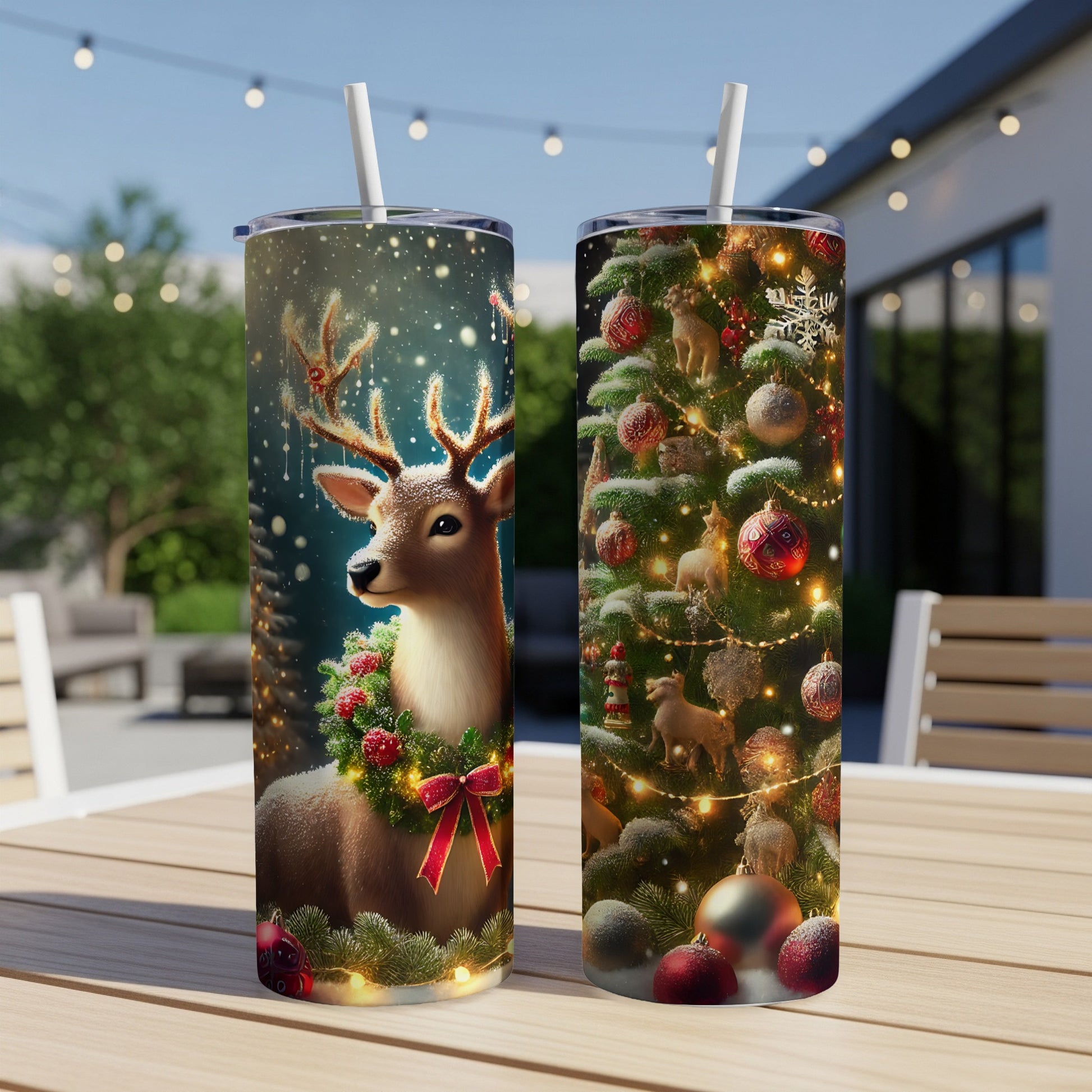 Two tumblers displaying a reindeer with a wreath and a decorated Christmas tree.
