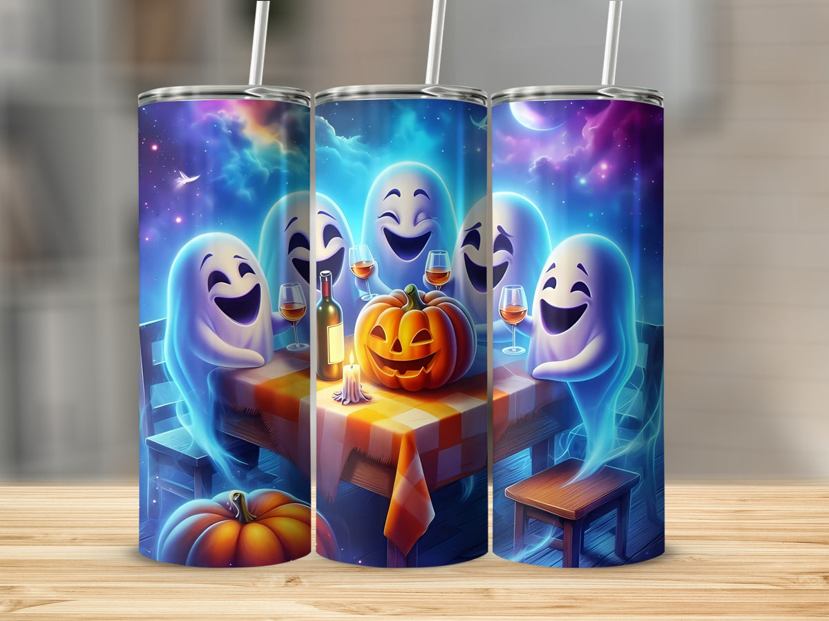 Halloween ghosts gather around a table with a pumpkin and wine under a starry sky.
