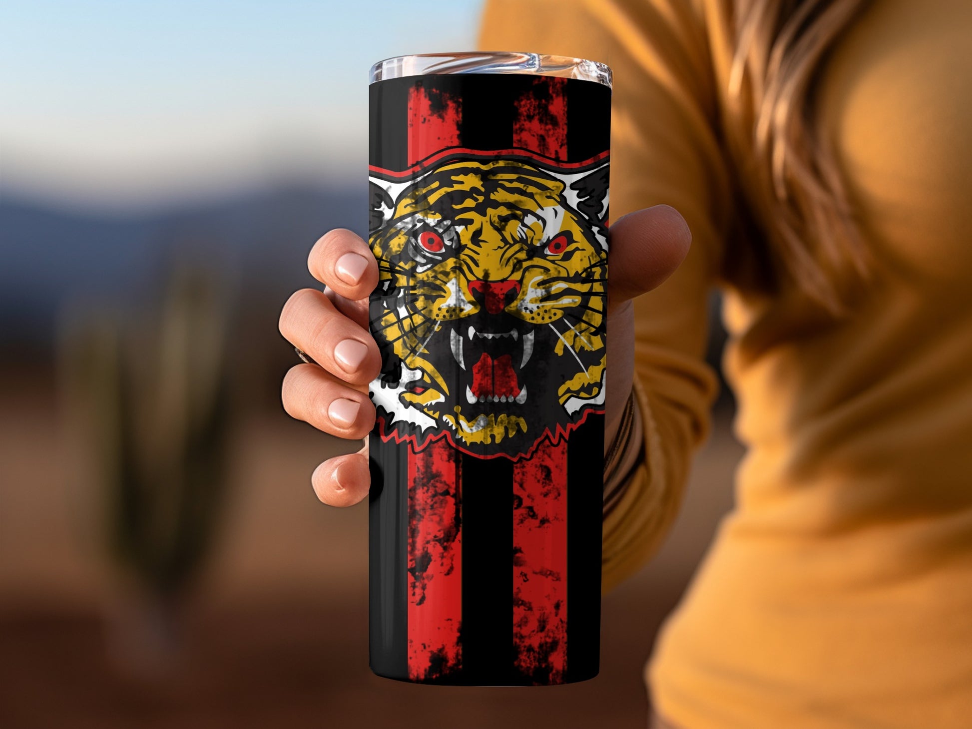 Fierce Tiger Face with Red and Black Striped Tumbler
