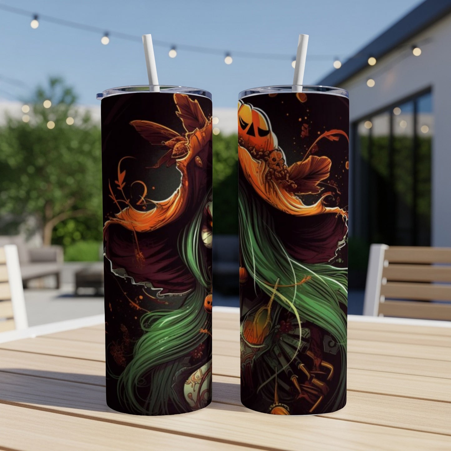 Two tumblers with Halloween witch and pumpkin artwork on a table.