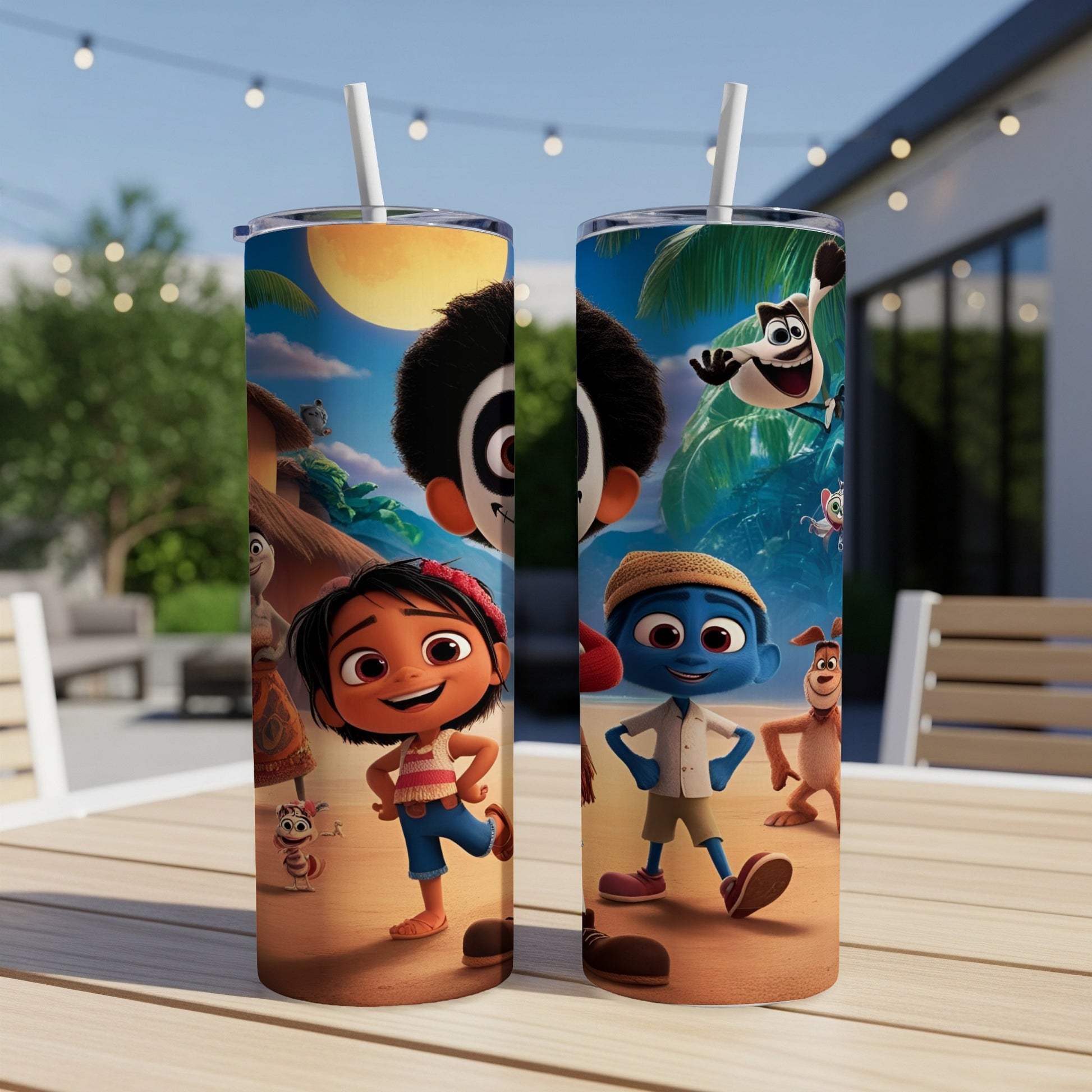 Two animated characters, a girl and a blue creature, on a beach with palm trees and a crescent moon.